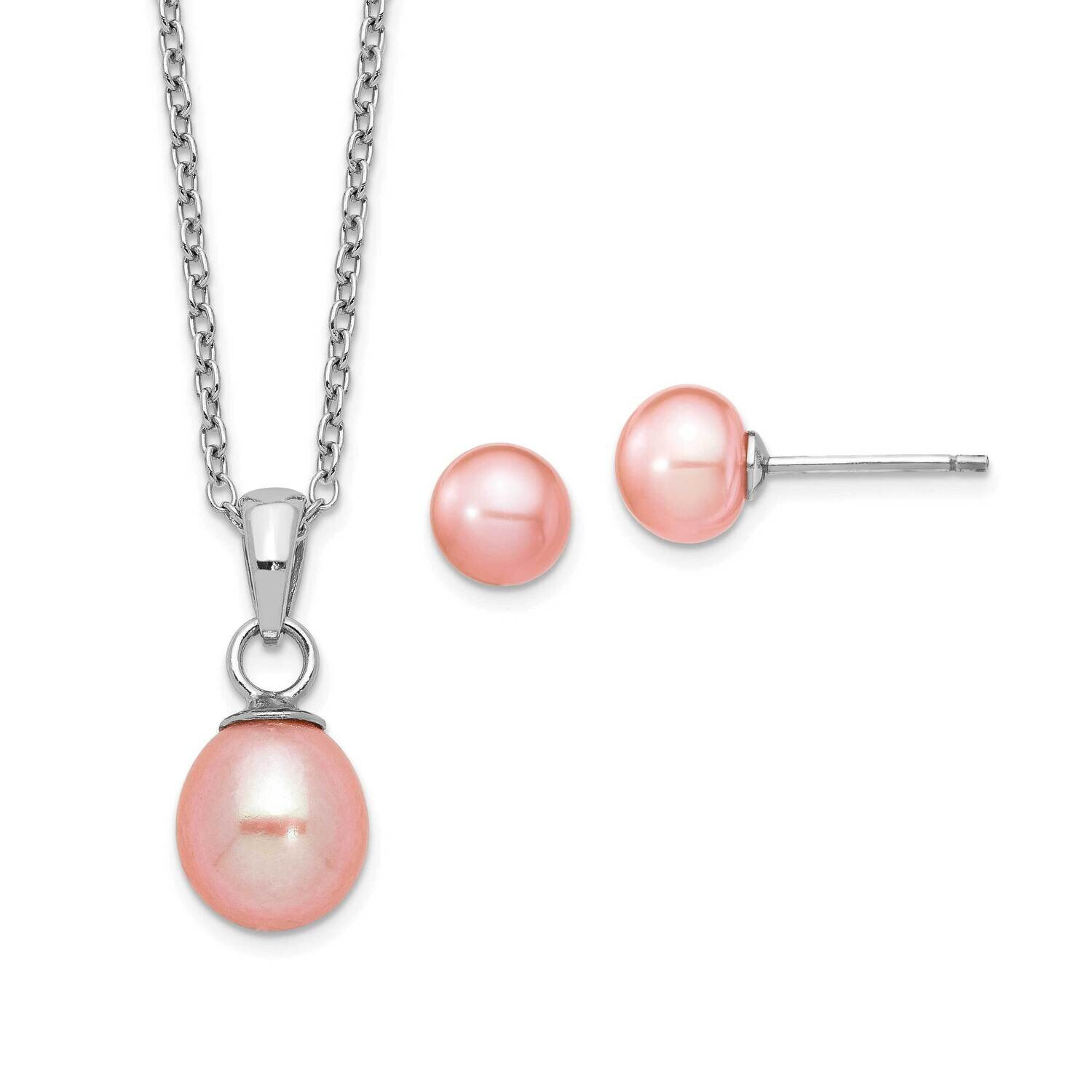 Sterling Silver Rhd-Plt 7-8mm /6-7mm Pink Pearl Necklace Earrings Set Sterling Silver Rhodium-plate…