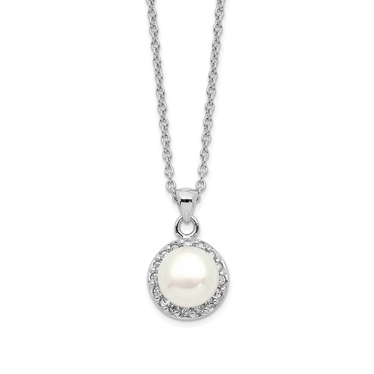 7-8mm White Button Fwc Pearl Cz Necklace Sterling Silver Rhodium-plated QH5505-17
