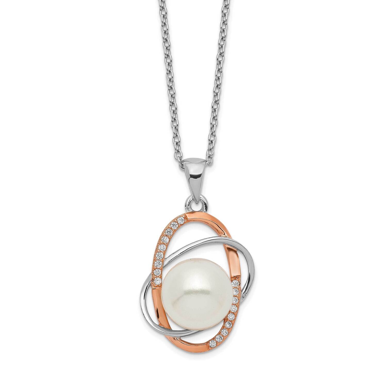 Sterling Silver Rhod-Pt Rose-Tone 18K Flash-Pl 9-10mm Fwc Pearl Cz Necklace Sterling Silver Rhodium…