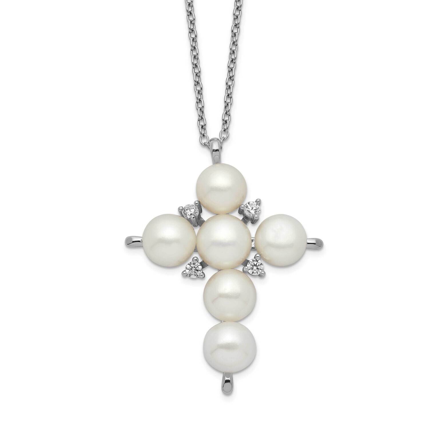 6-7mm White Button Fwc Pearl Cz Cross Necklace Sterling Silver Rhodium-plated QH5521-17, MPN: QH552…