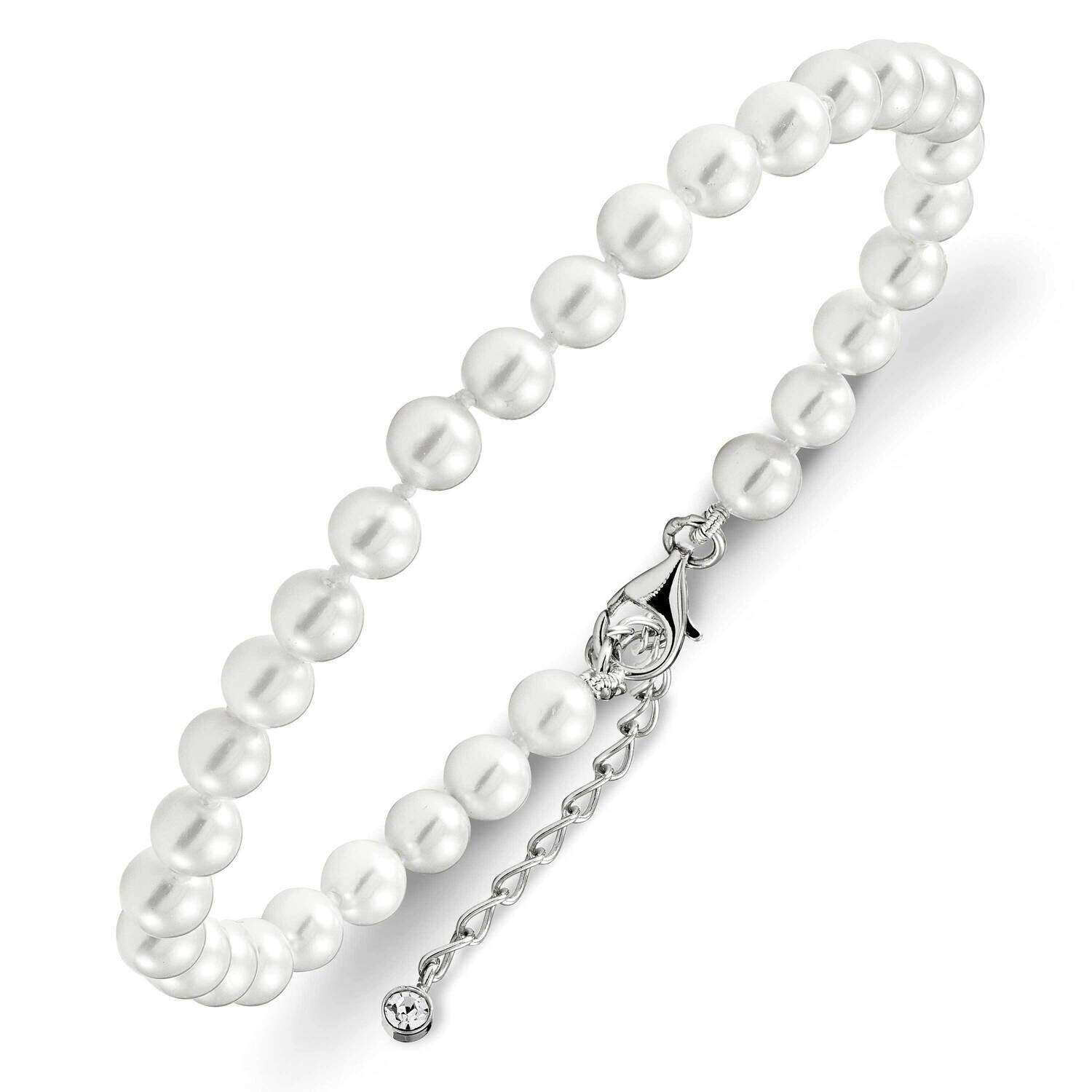 Majestik Rhodium Plated 5-6mm Imitat Shell Pearl & Cz with 2 Inch Extension Anklet Sterling Silver QMJA56W-8.5
