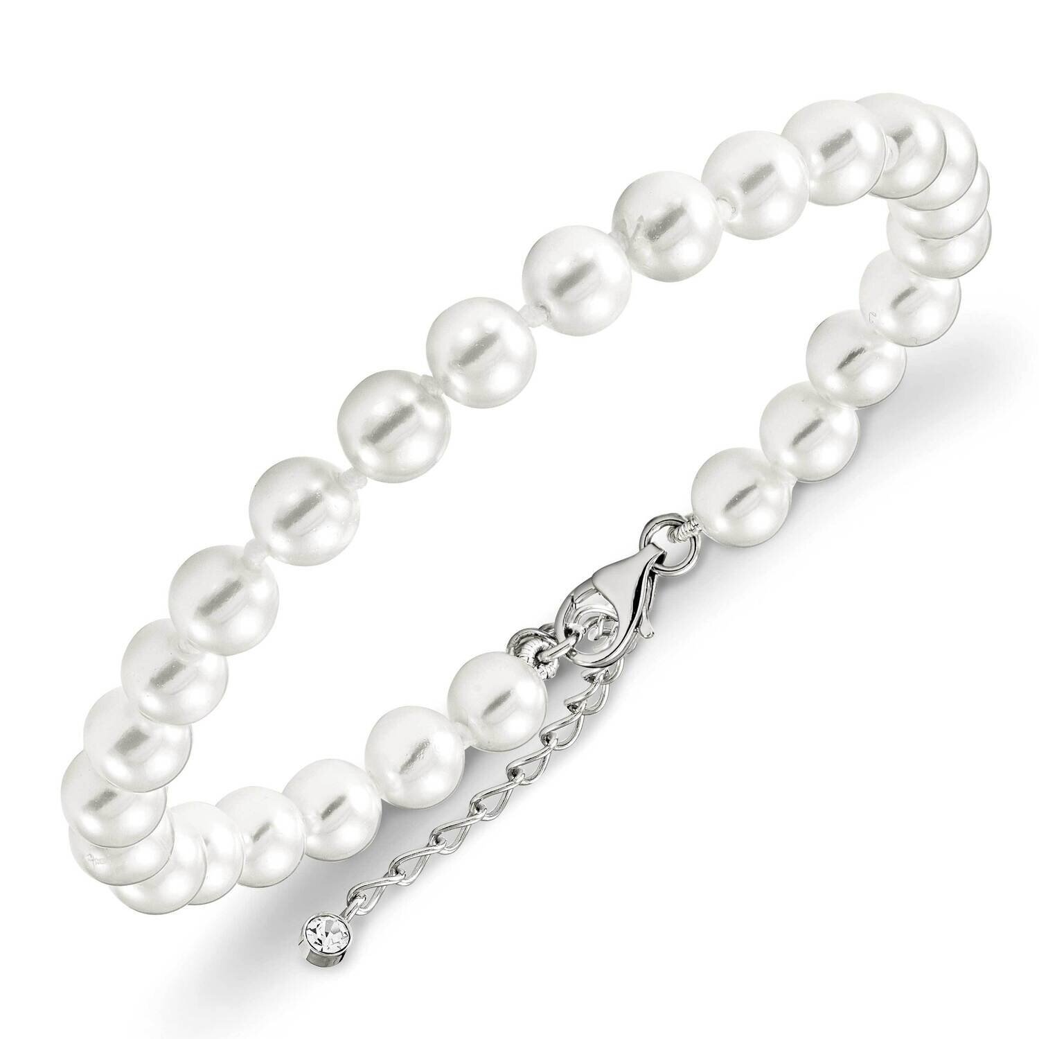Majestik Rhodium Plated 7-8mm Imitat Shell Pearl & Cz with 2 Inch Extension Anklet Sterling Silver QMJA78W-8.5