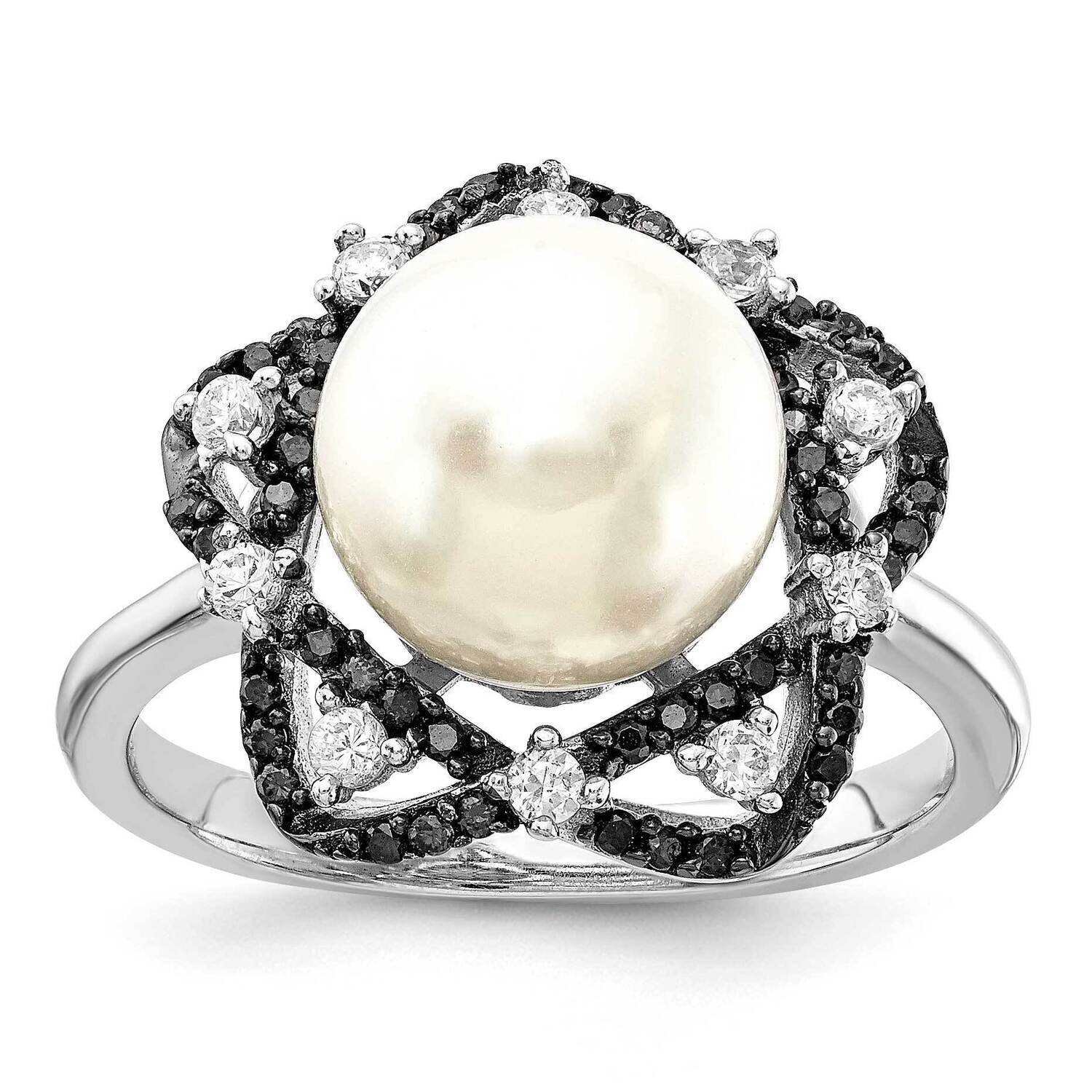 Majestik Rhodium Plated 10-11mm Imitat Shell Pearl Black &amp; Wht Cz Ring Sterling Silver QMJR106W-7, …