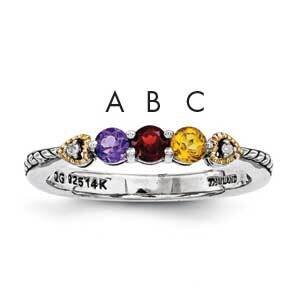 Three-Stone and Diamond Mother's Semi-Mount Ring Sterling Silver & 14k Gold QMR18/3-5