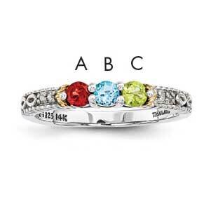 Three-Stone and Diamond Mother&#39;s Ring Sterling Silver &amp; 14k Gold QMR33/3SY-10, MPN: QMR33_3--6,