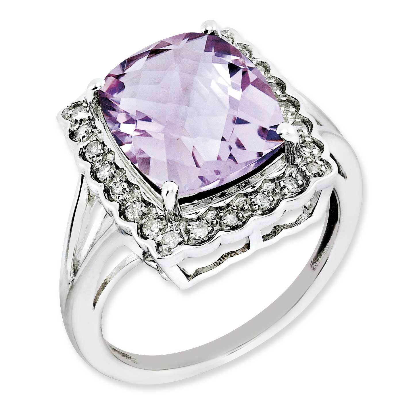 Diamond &amp; Checker-Cut Pink Quartz Ring Sterling Silver Rhodium-plated QR3031PQ-5, MPN: QR3031PQ, 88…