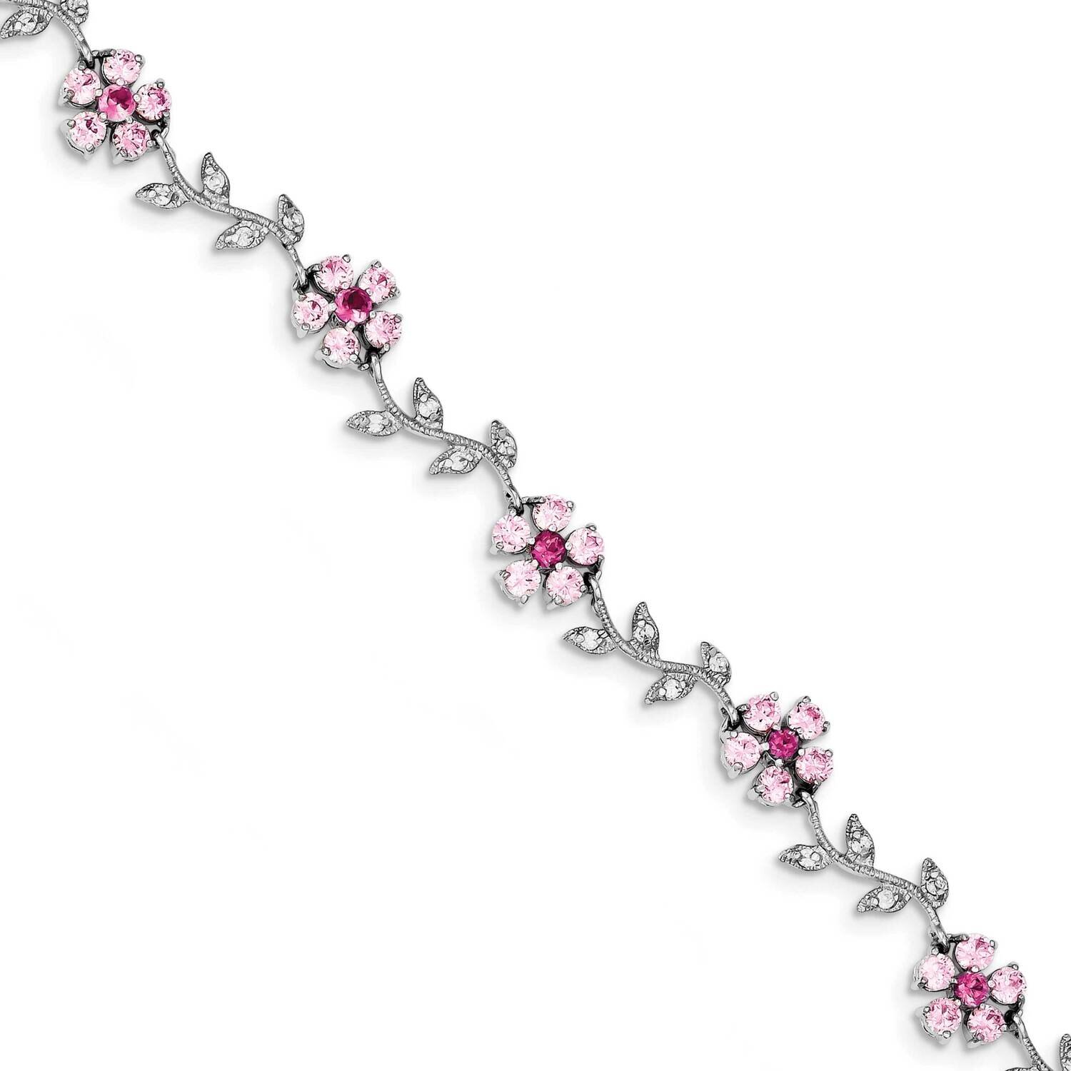 7.75Inch Pink and Clear Cz Flower Bracelet Sterling Silver Rhodium-plated QX420CZ
