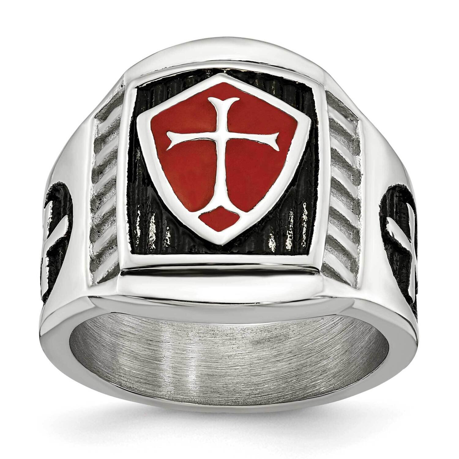 Polished with Red Enamel Cross Shield Ring Stainless Steel Antiqued SR634-10, MPN: SR634, 191101873…