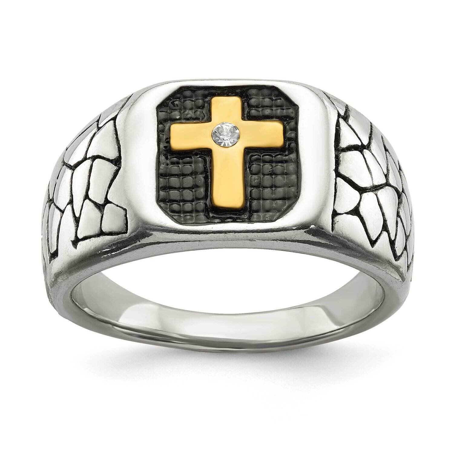 Polished Yellow Ip-Plated with Crystal Cross Ring Stainless Steel Antiqued SR635-10, MPN: SR635, 19…