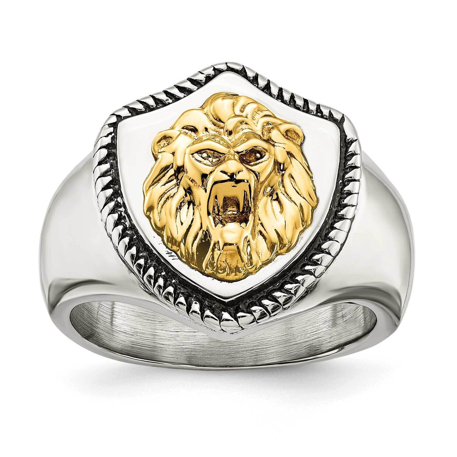 14K Accent Antiqued &amp; Polished Lion On Shield Ring Stainless Steel SR640-10, MPN: SR640, 1911018738…