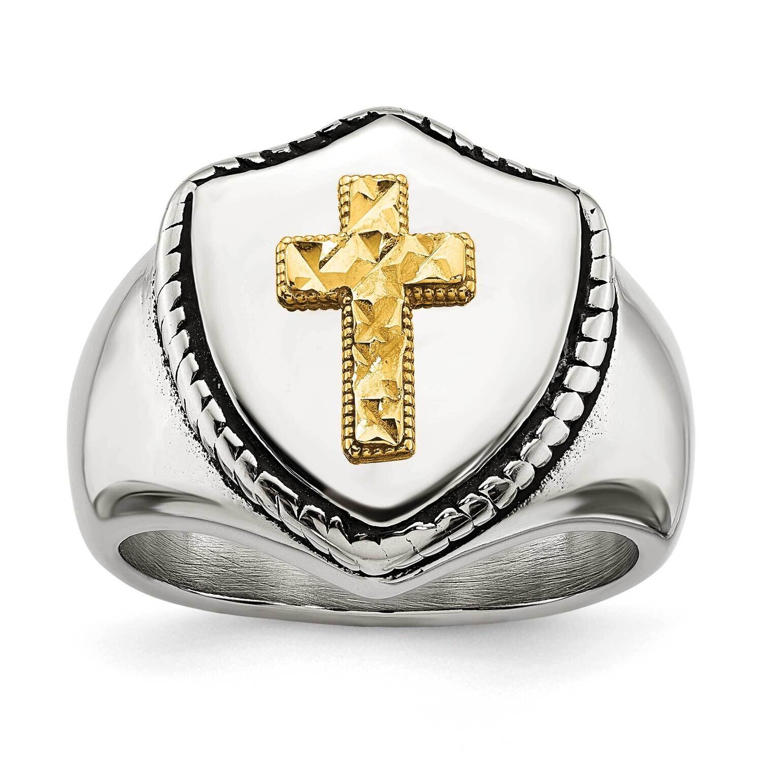 14K Accent Antiqued &amp; Polished Cross On Shield Ring Stainless Steel SR642-10, MPN: SR642, 191101873…