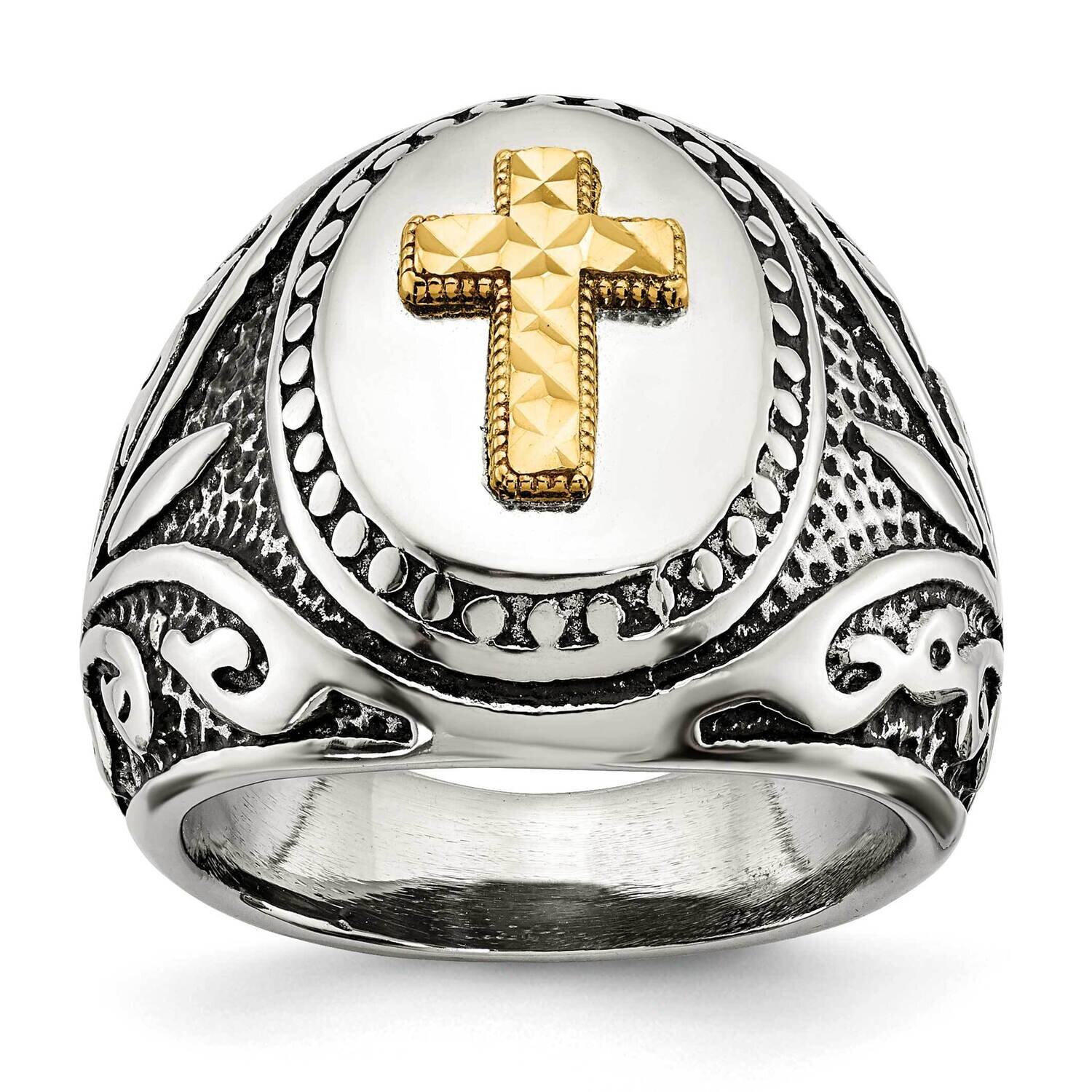 14K Accent Antiqued and Polished Cross Ring Stainless Steel SR643-10, MPN: SR643, 191101873959