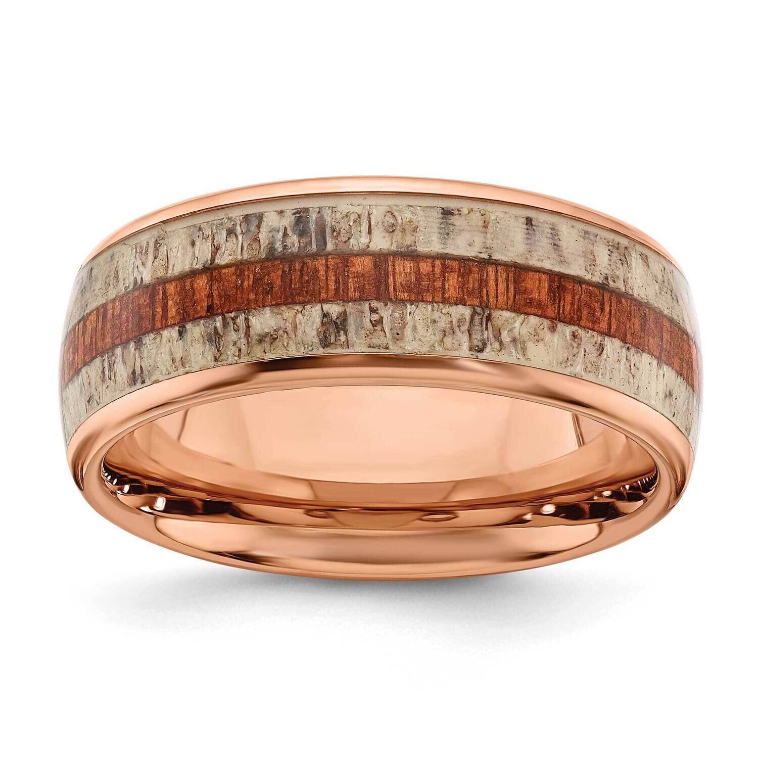 Rose Ip with Wood and Antler Inlay 8mm Band Stainless Steel Polished SR665-10, MPN: SR665, 19110187…