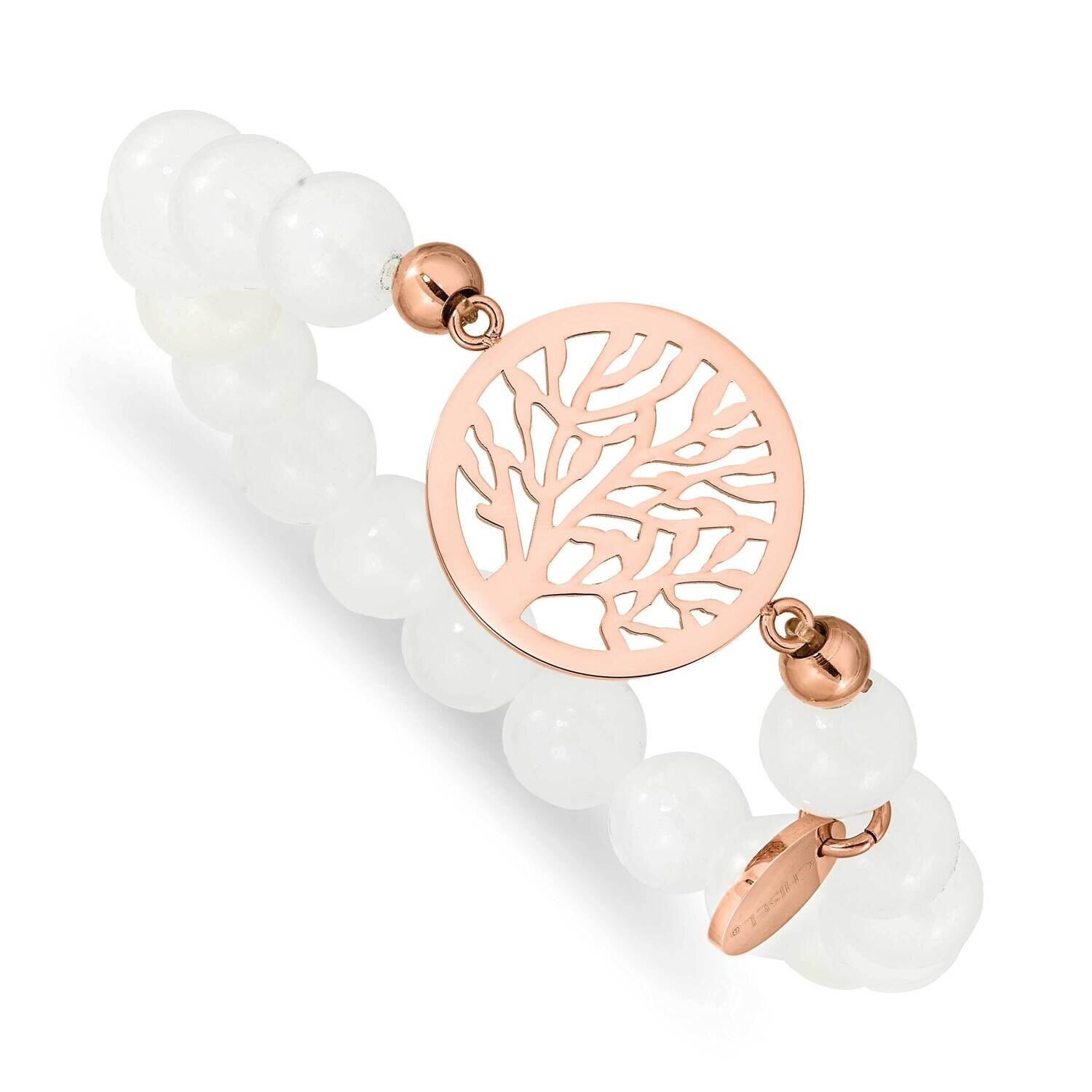 Rose Ip-Plated Tree White Jade Stretch Bracelet Stainless Steel Polished SRB2322, MPN: SRB2322, 191…