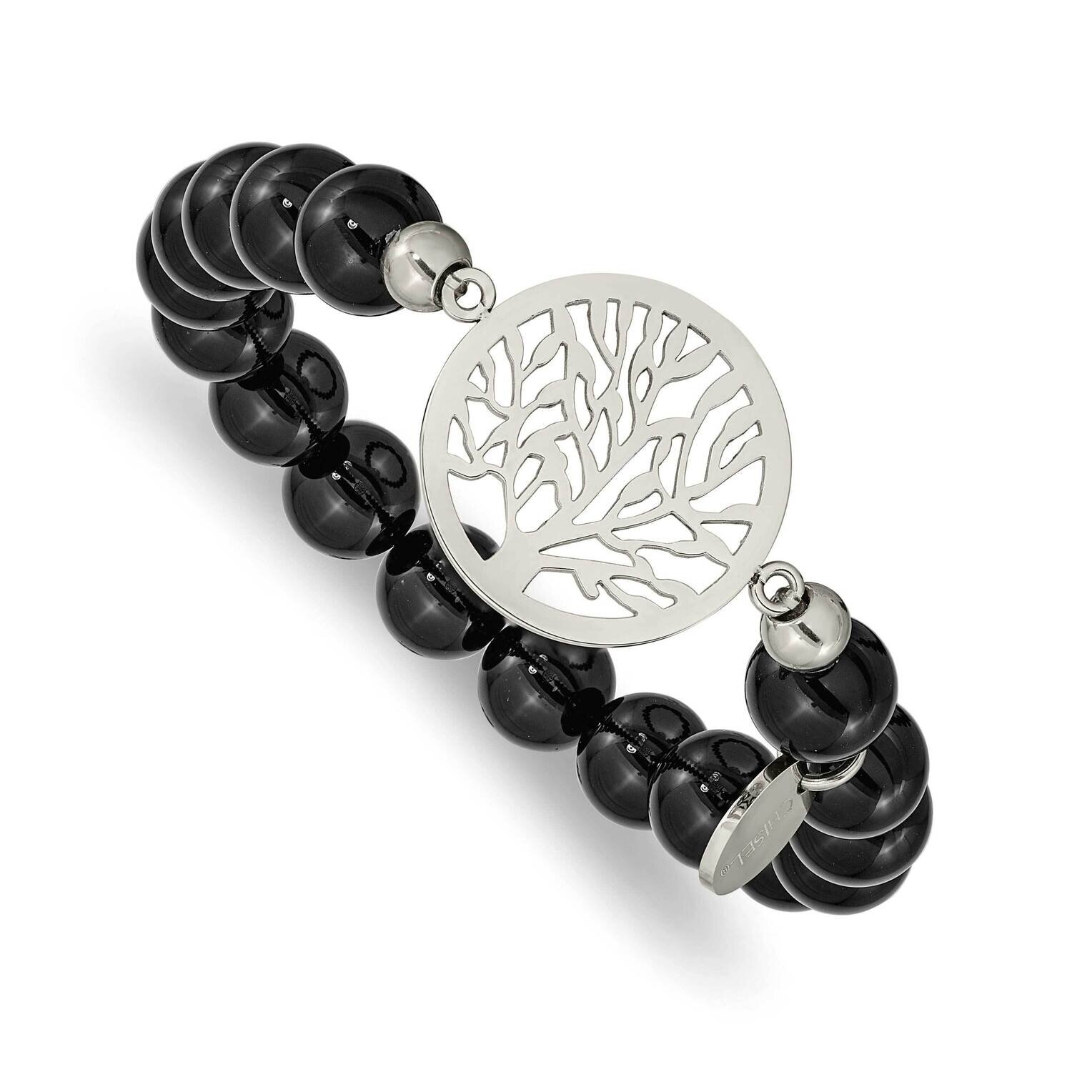 Tree Of Life Black Agate Beaded Stretch Bracelet Stainless Steel Polished SRB2324, MPN: SRB2324, 19…