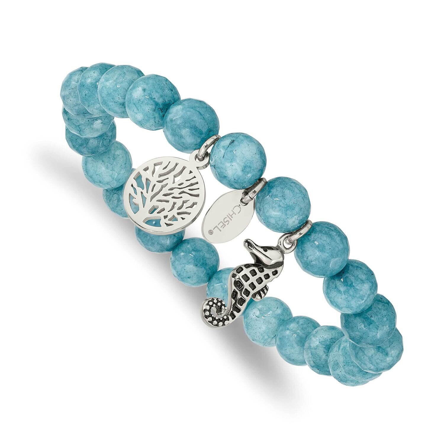 Polished Seahorse Blue Dyed Jade Stretch Bracelet Stainless Steel Antiqued SRB2327, MPN: SRB2327, 1…