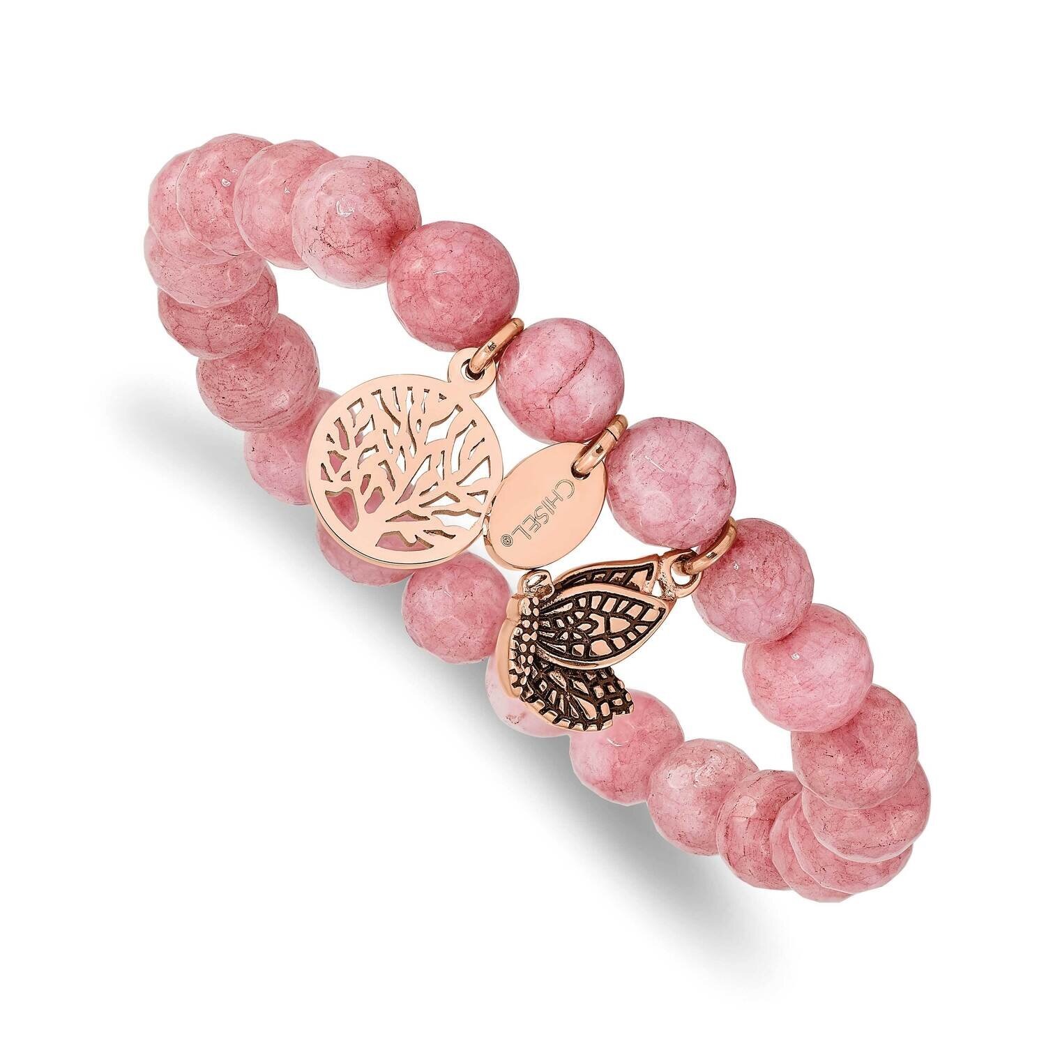 Polished Rose Ip Pink Dyed Jade Stretch Bracelet Stainless Steel Antiqued SRB2331, MPN: SRB2331, 19…