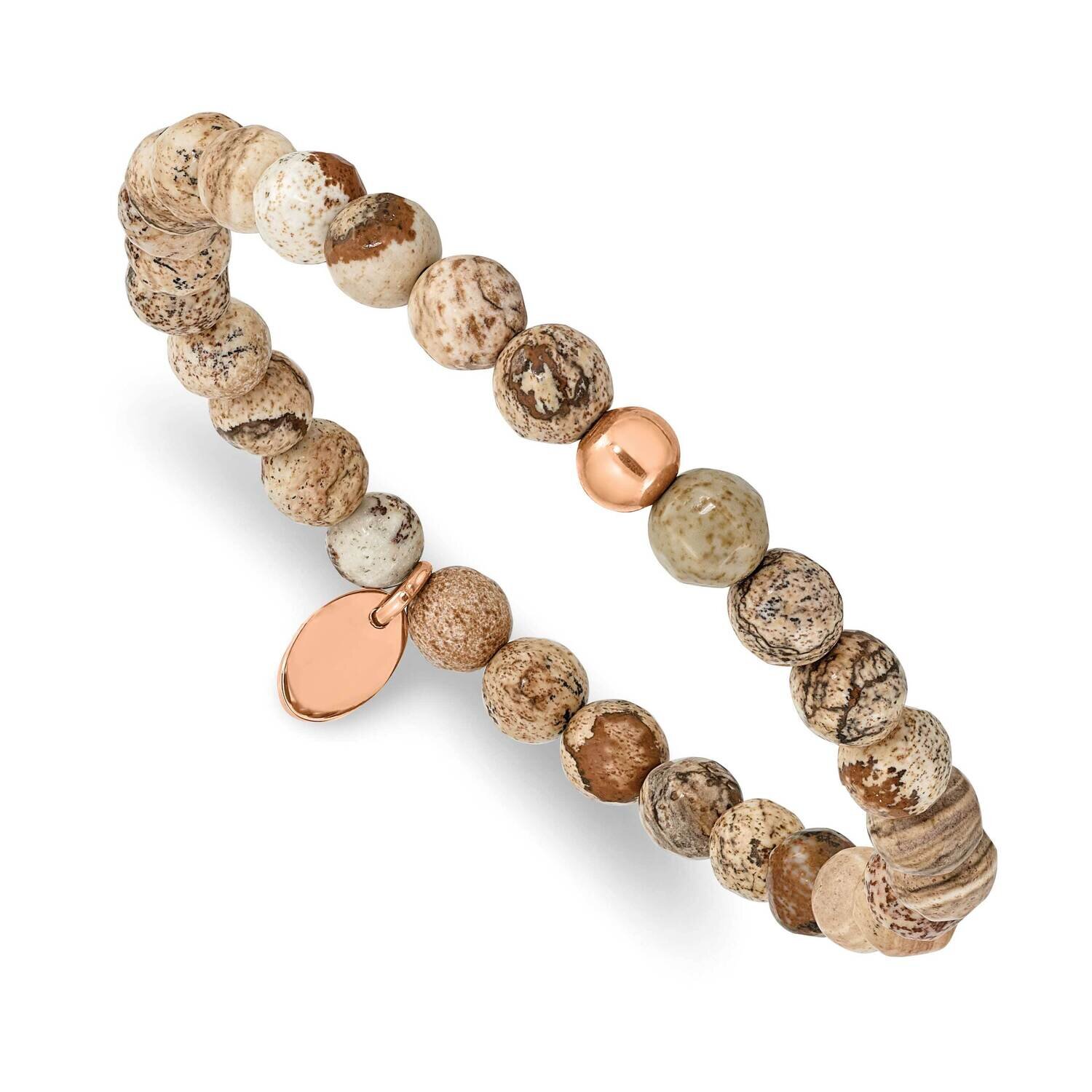 Rose Ip-Plated Brown Jasper Stretch Bracelet Stainless Steel Polished SRB2339, MPN: SRB2339, 191101…