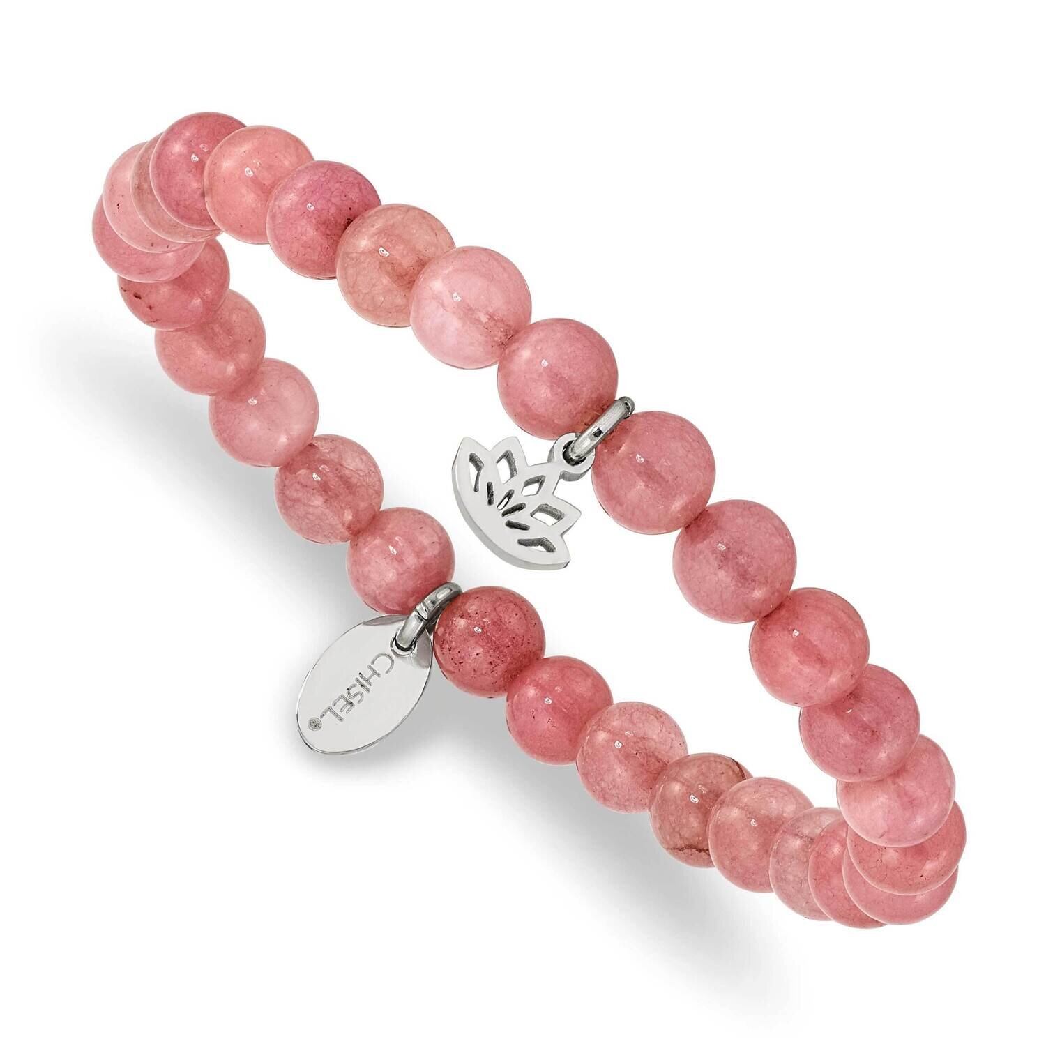 Lotus Pink Jade Beaded Stretch Bracelet Stainless Steel Polished SRB2347, MPN: SRB2347, 191101860737