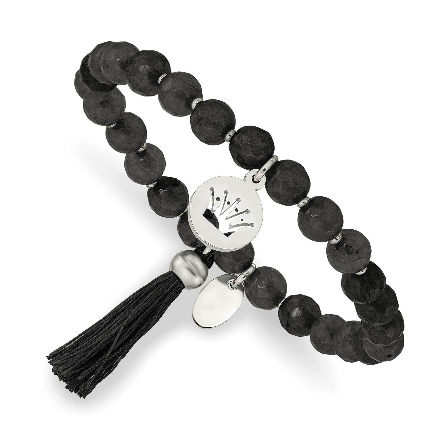 Crown with Tassel Black Jade Stretch Bracelet Stainless Steel Polished SRB2350, MPN: SRB2350, 19110…