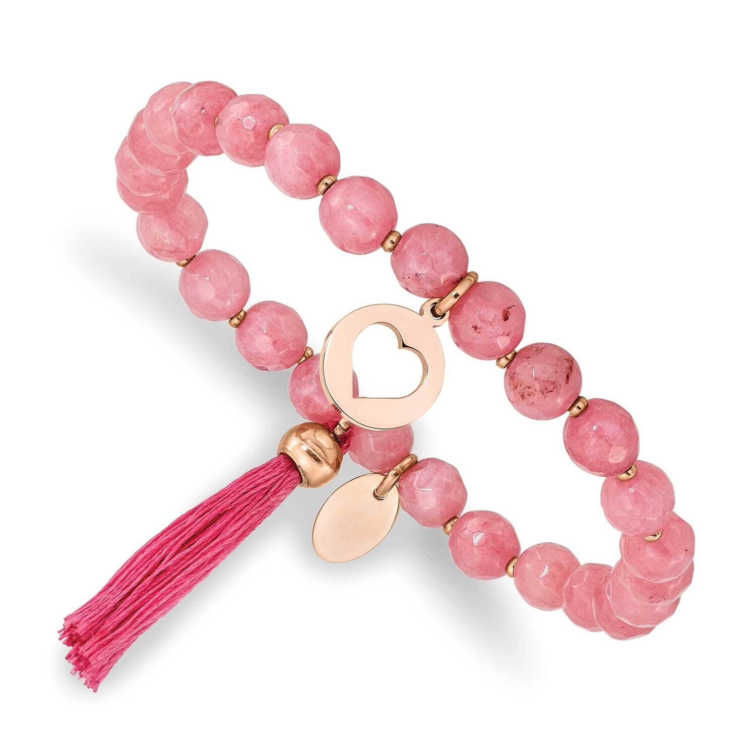 Rose Ip Heart with Tassel Pink Jade Beaded Bracelet Stainless Steel Polished SRB2353