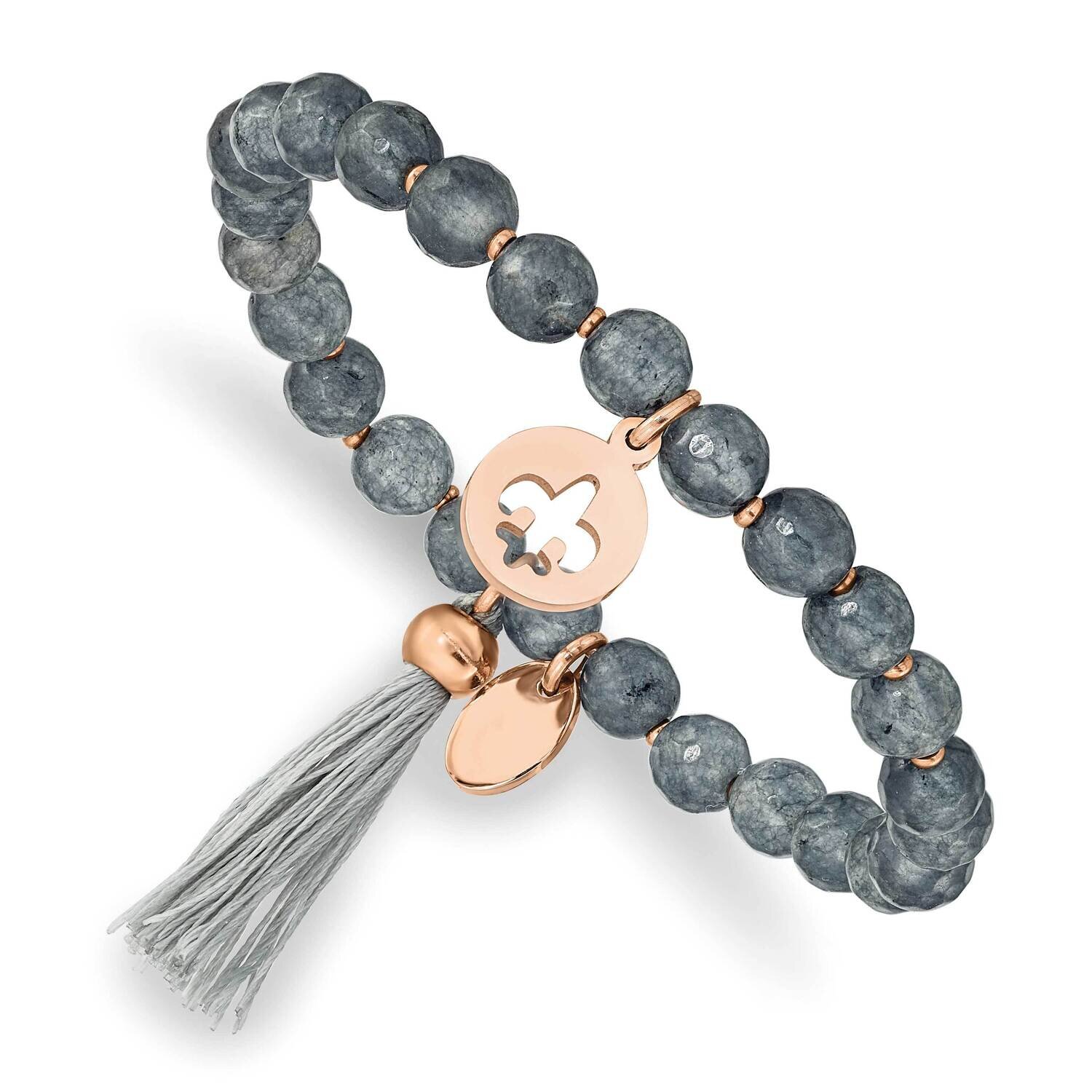 Rose Ip Fleur De Lis Grey Agate Stretch Bracelet Stainless Steel Polished SRB2355, MPN: SRB2355, 19…