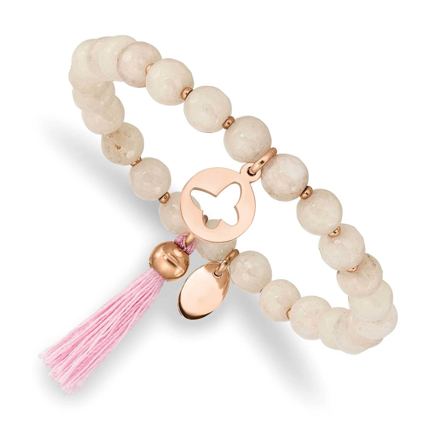Rose Ip Butterfly Pink Agate Beaded Stretch Bracel Stainless Steel Polished SRB2356, MPN: SRB2356, …