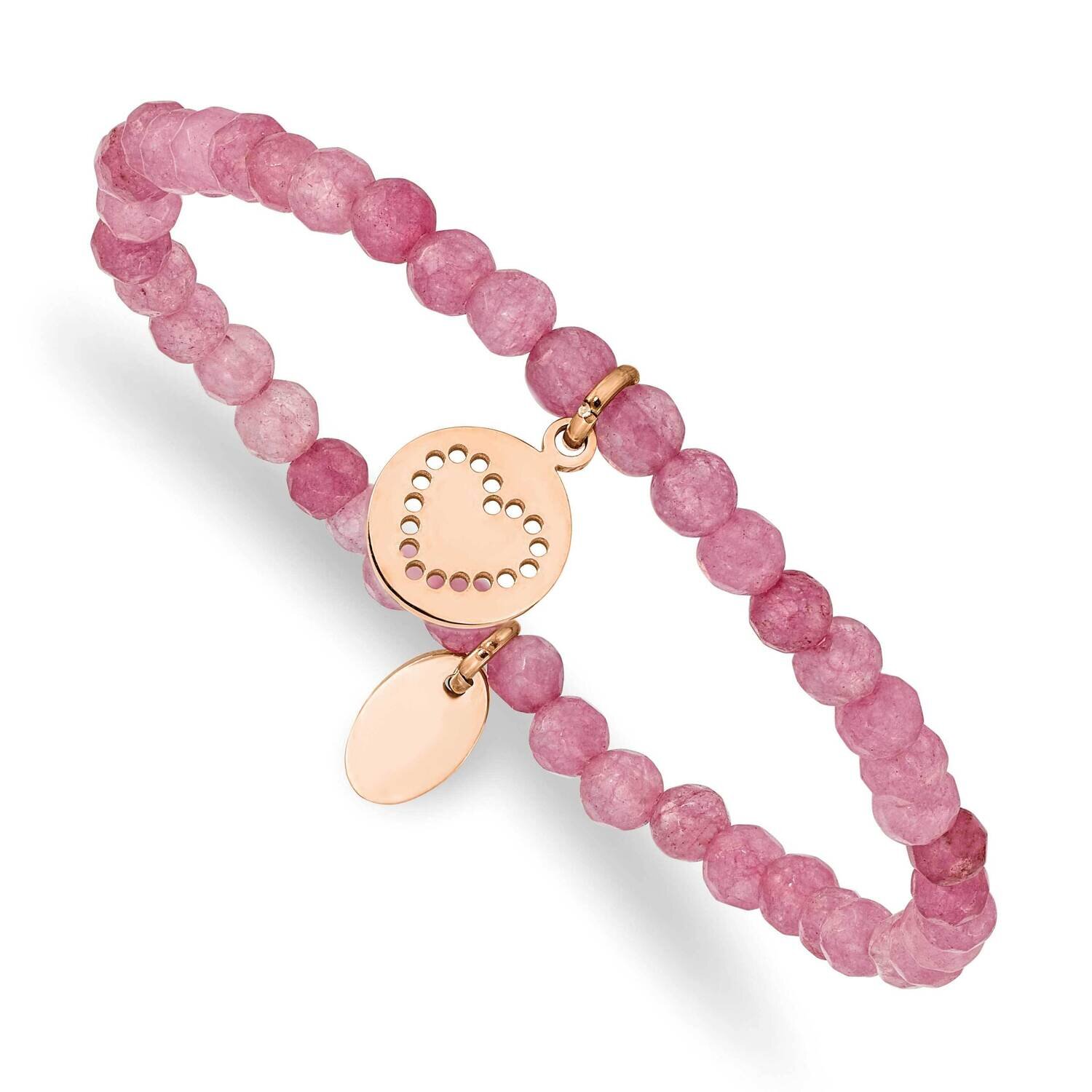 Rose Ip-Plated Heart Pink Jade Stretch Bracelet Stainless Steel Polished SRB2361