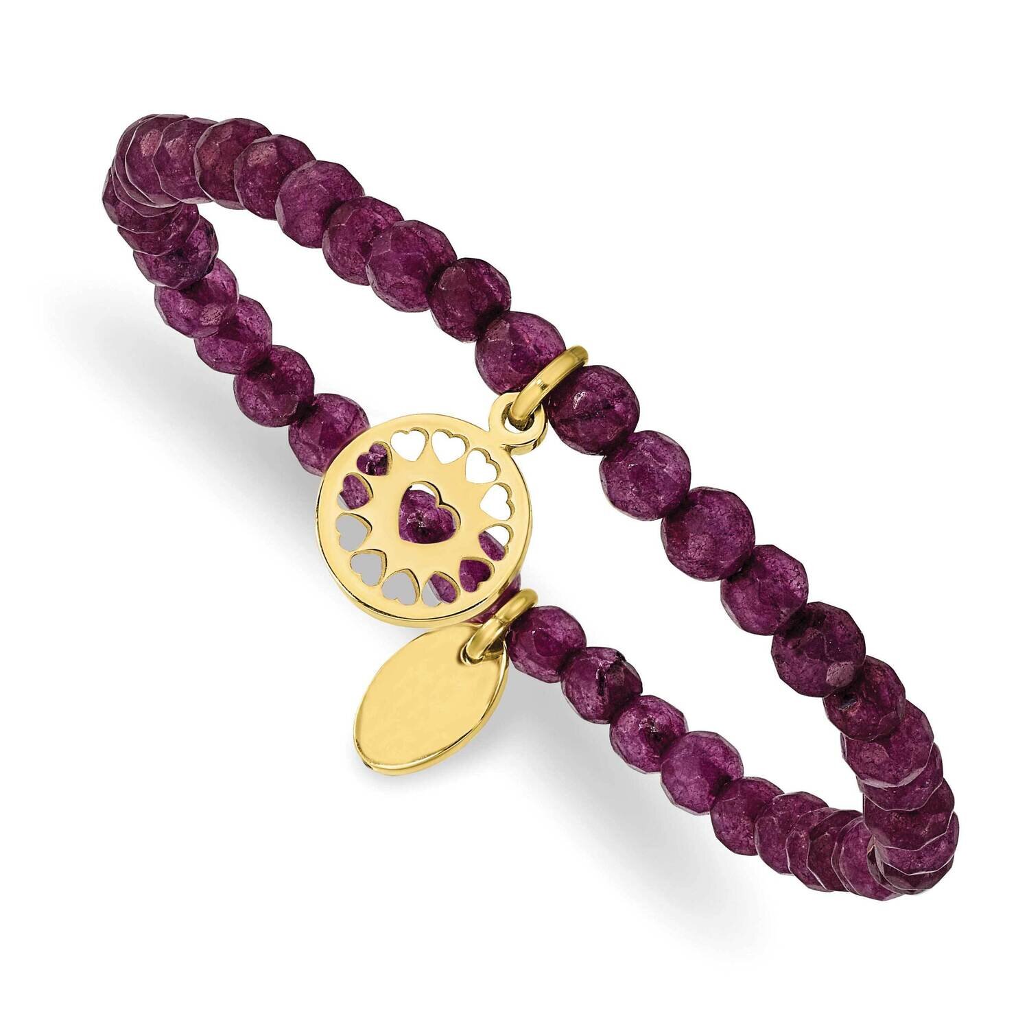 Yellow Ip Heart Dark Purple Jade Stretch Bracelet Stainless Steel Polished SRB2364, MPN: SRB2364, 1…