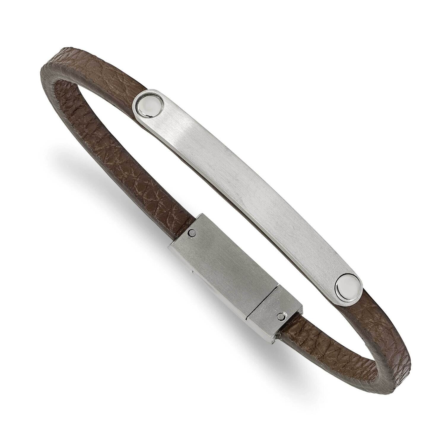 Brown Leather 8.25 Inch Id Bracelet Stainless Steel Brushed SRB2384-8.25