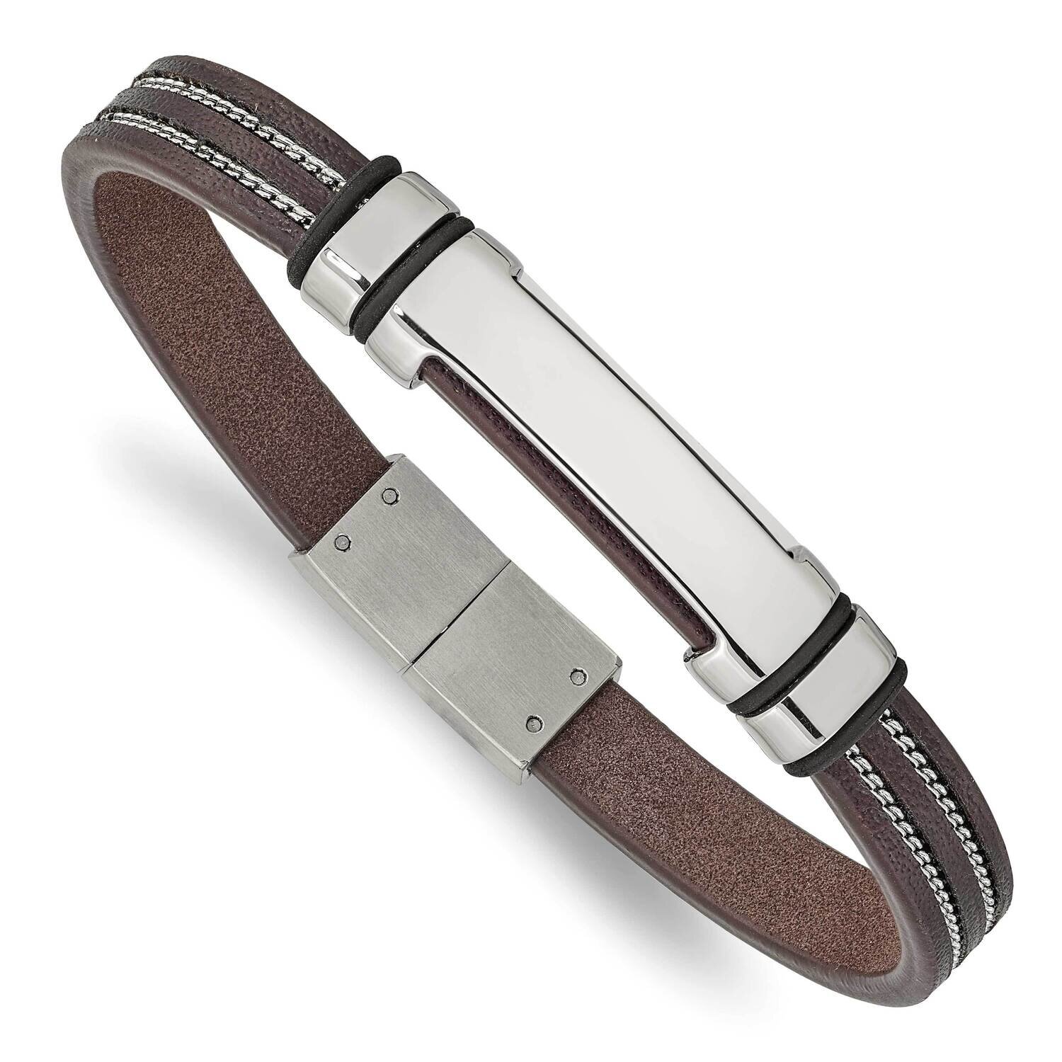 Brown Leather with Black Rubber 8.25 Inch Id Bracelet Stainless Steel Polished SRB2388-8.25, MPN: S…