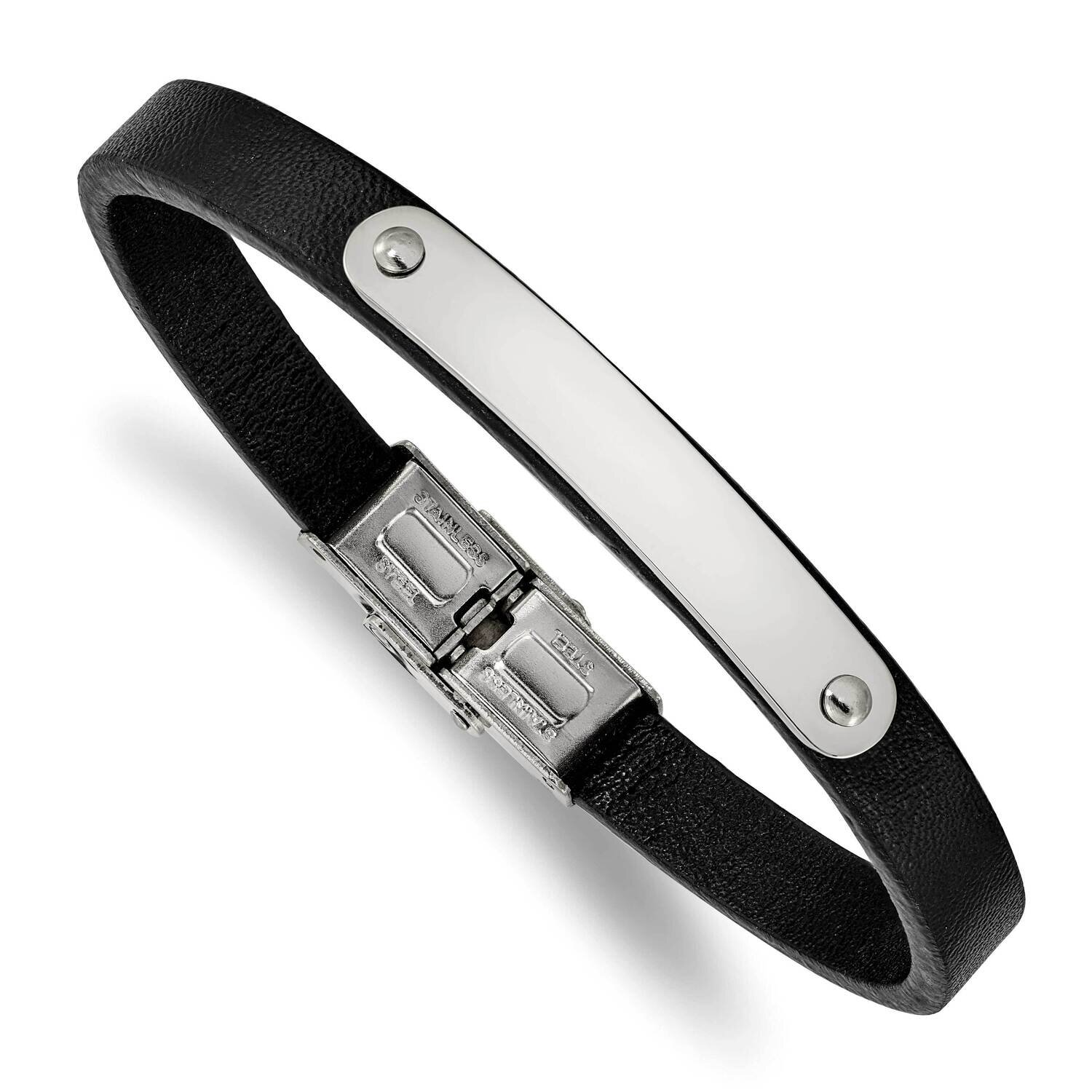 Leather 8.5 Inch Id Bracelet Stainless Steel Polished SRB2390-8.5