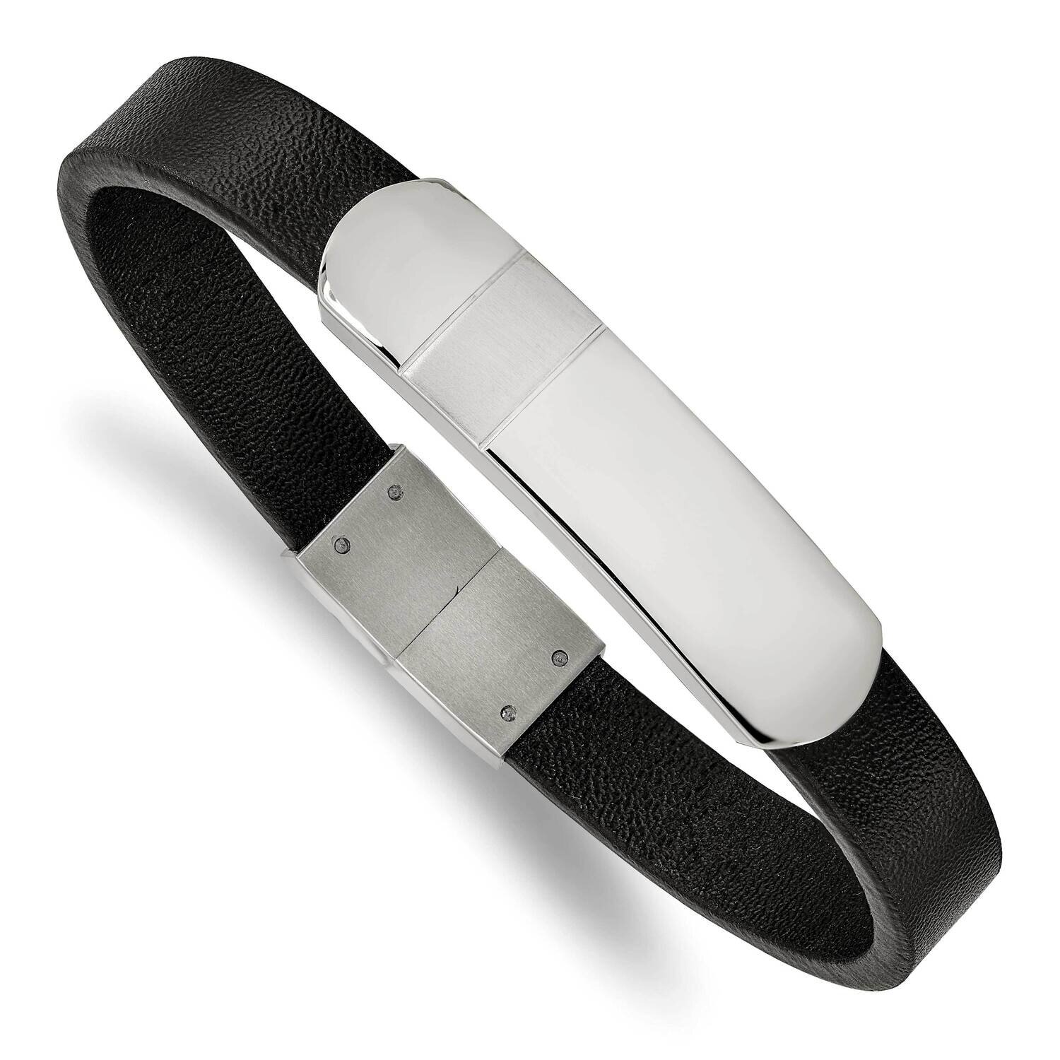Black Leather 8.5 Inch Id Bracelet Stainless Steel Brushed and Polished SRB2392-8.5, MPN: SRB2392-8…