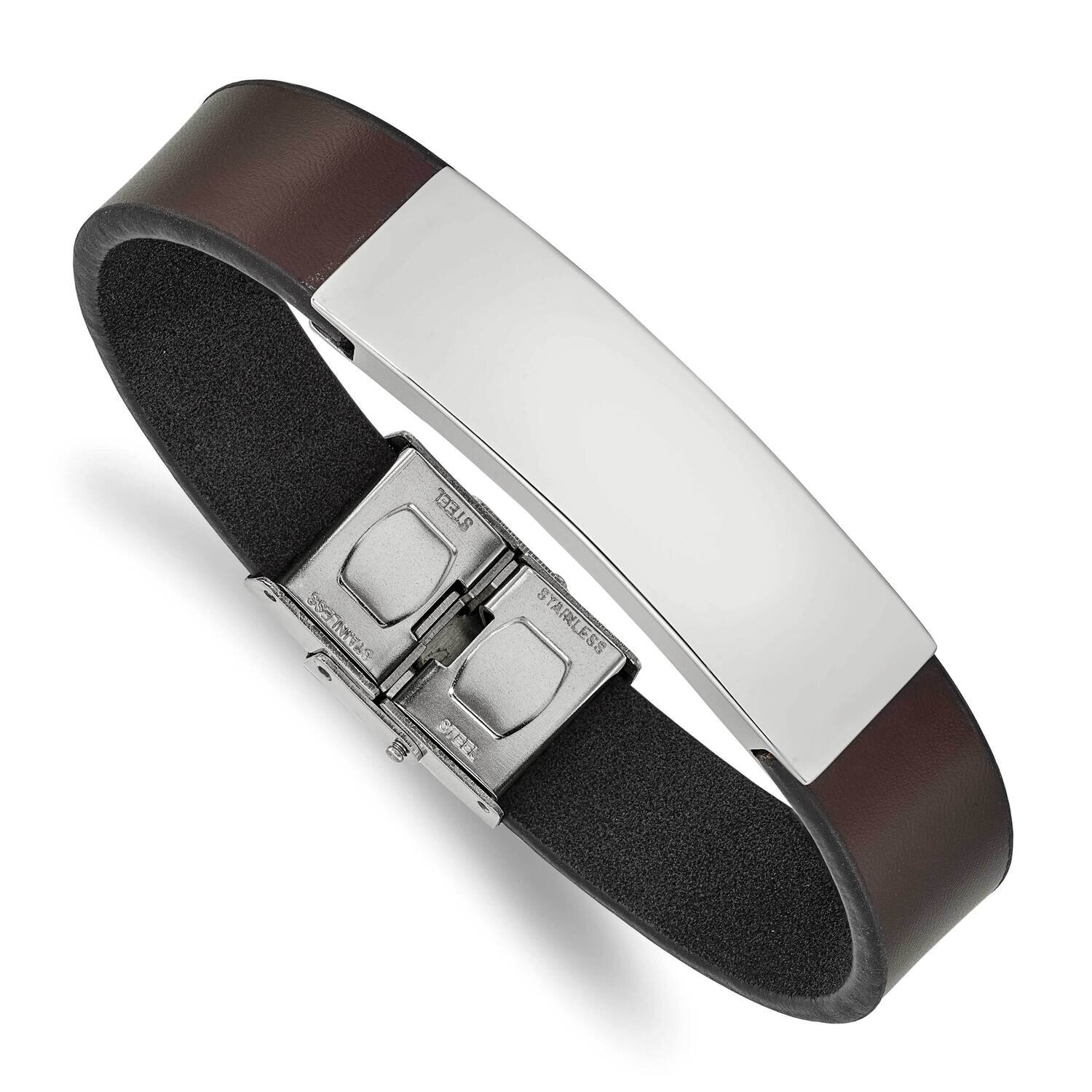 Brown Leather 8.25 Inch Id Bracelet Stainless Steel Polished SRB2394-8.25