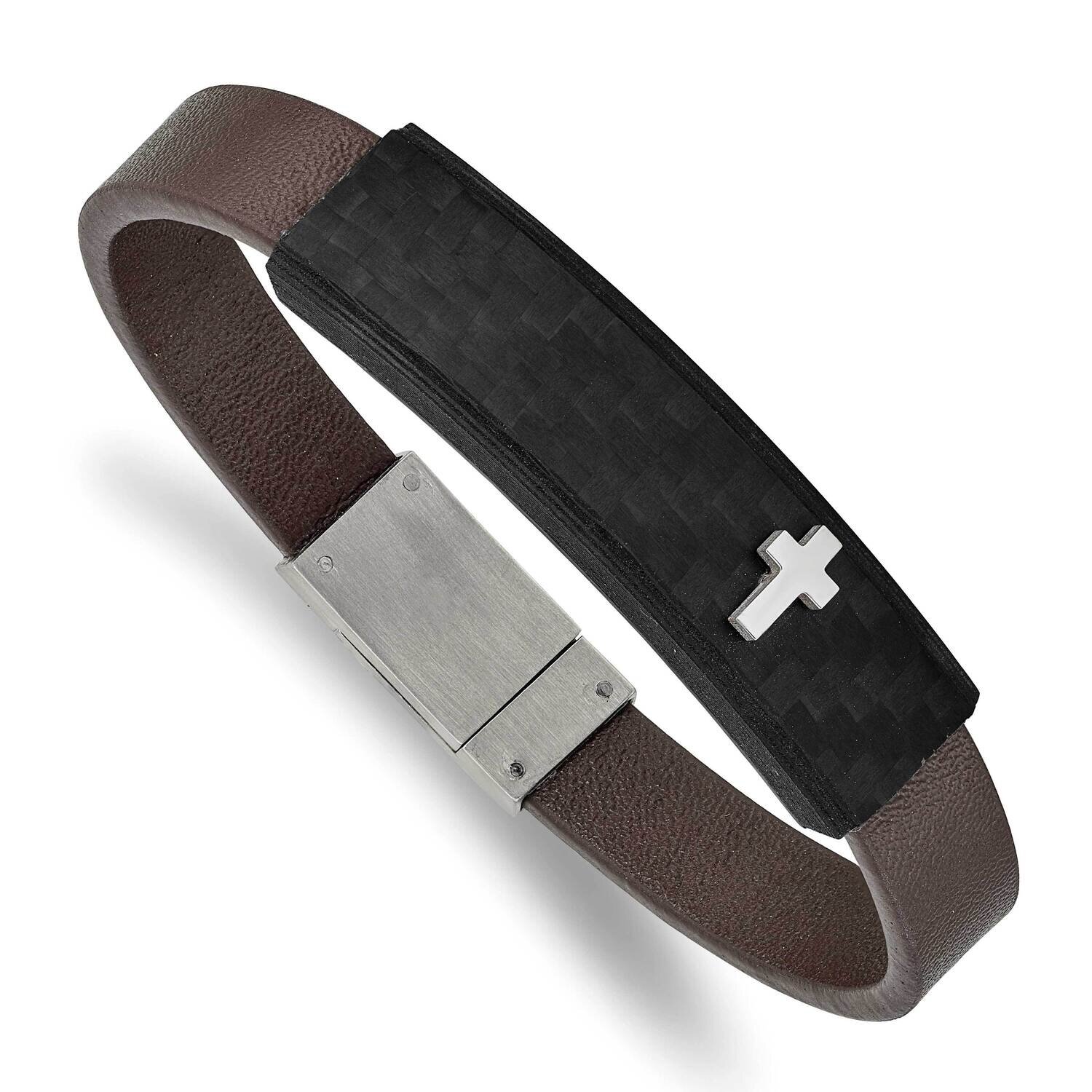 Solid Carbon Fiber Brown Faux Leather 8 Inch Bracelet Stainless Steel Polished SRB2396-8