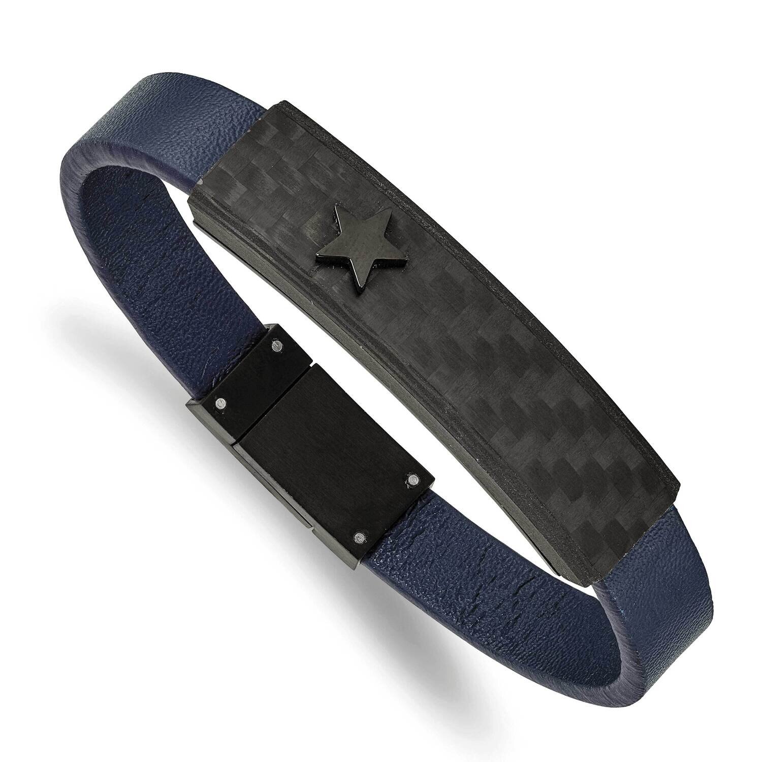 Black Ip Carbon Fiber Blue Faux Leather Bracelet Stainless Steel Polished SRB2398-8.25