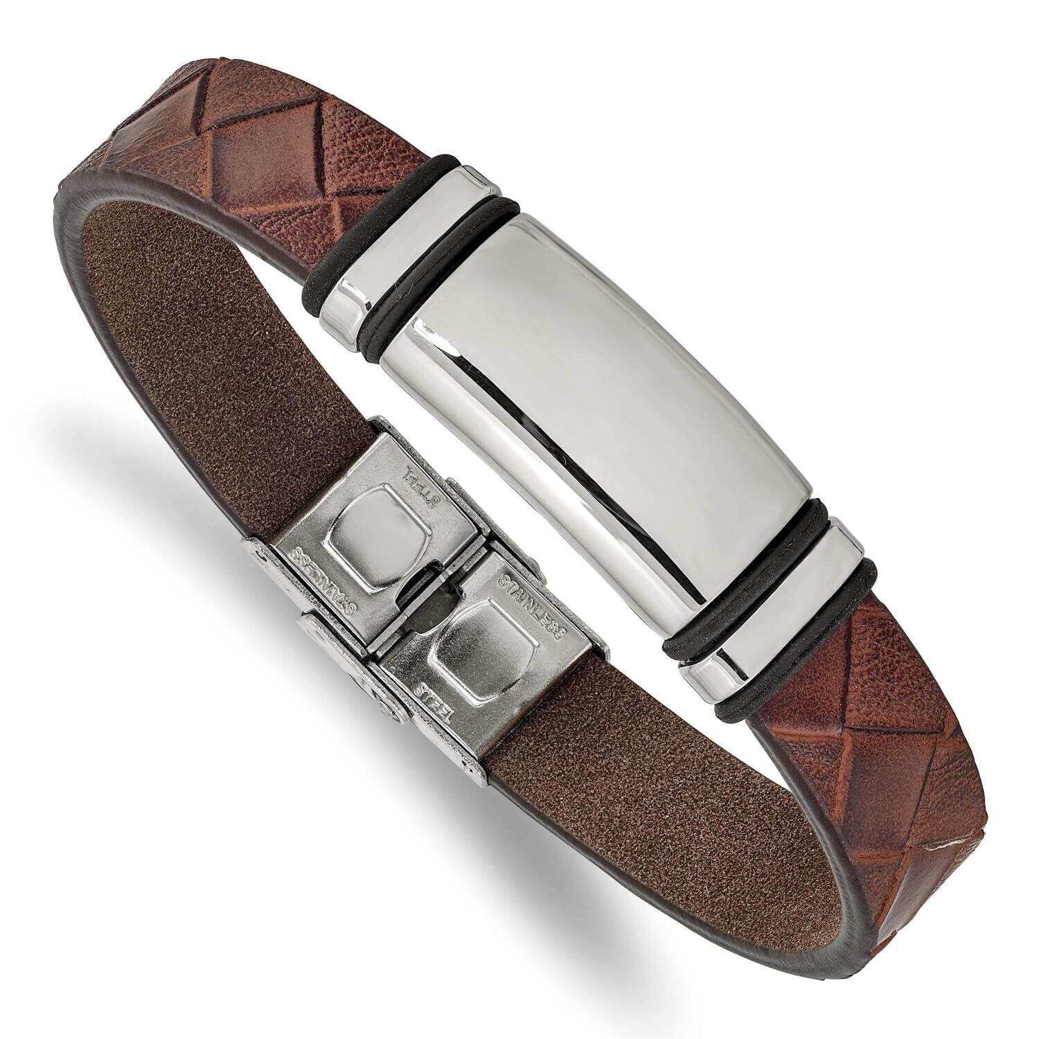Brown Faux Leather with Black Rubber Id Bracelet Stainless Steel Polished SRB2401-8.25, MPN: SRB240…