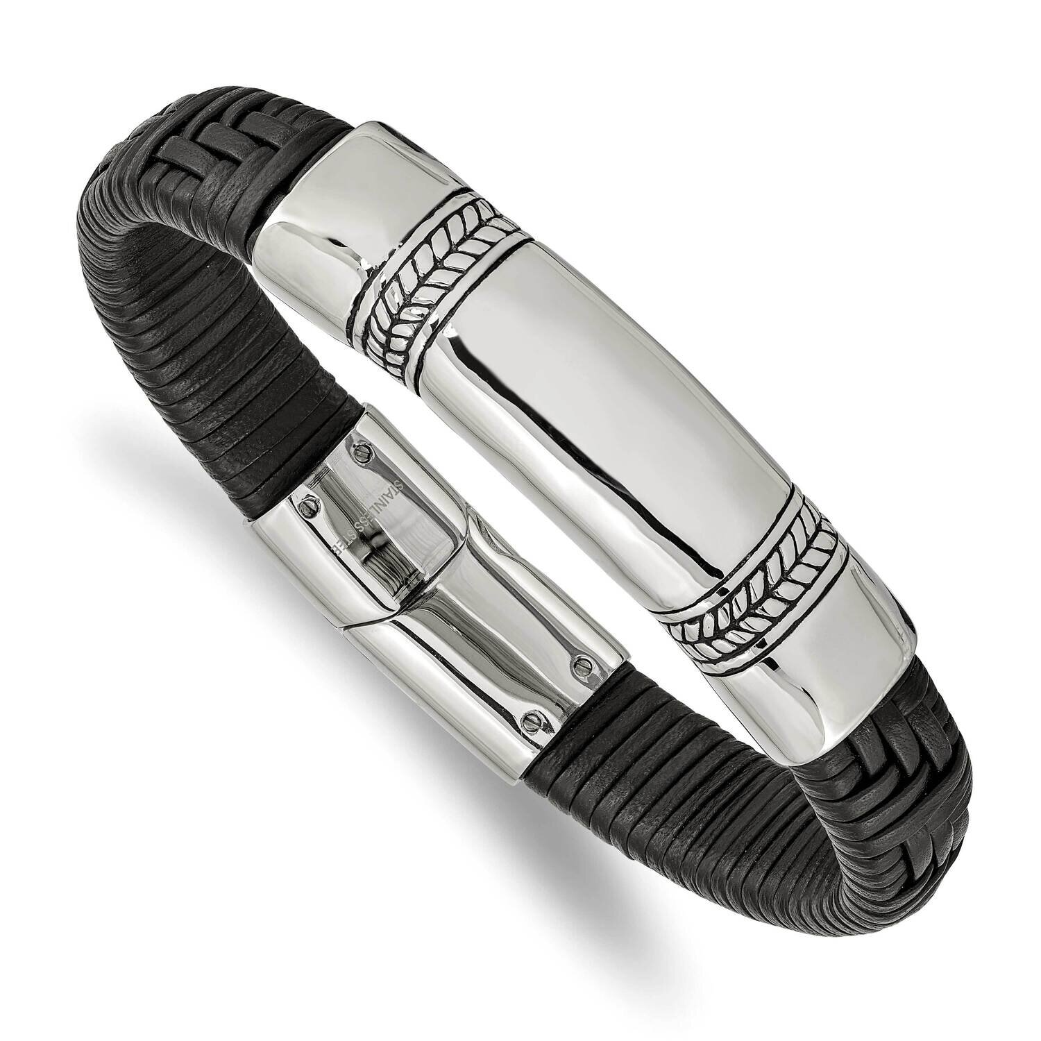 Polished Black Leather 8.25 Inch Id Bracelet Stainless Steel Antiqued SRB2403-8.25, MPN: SRB2403-8.…