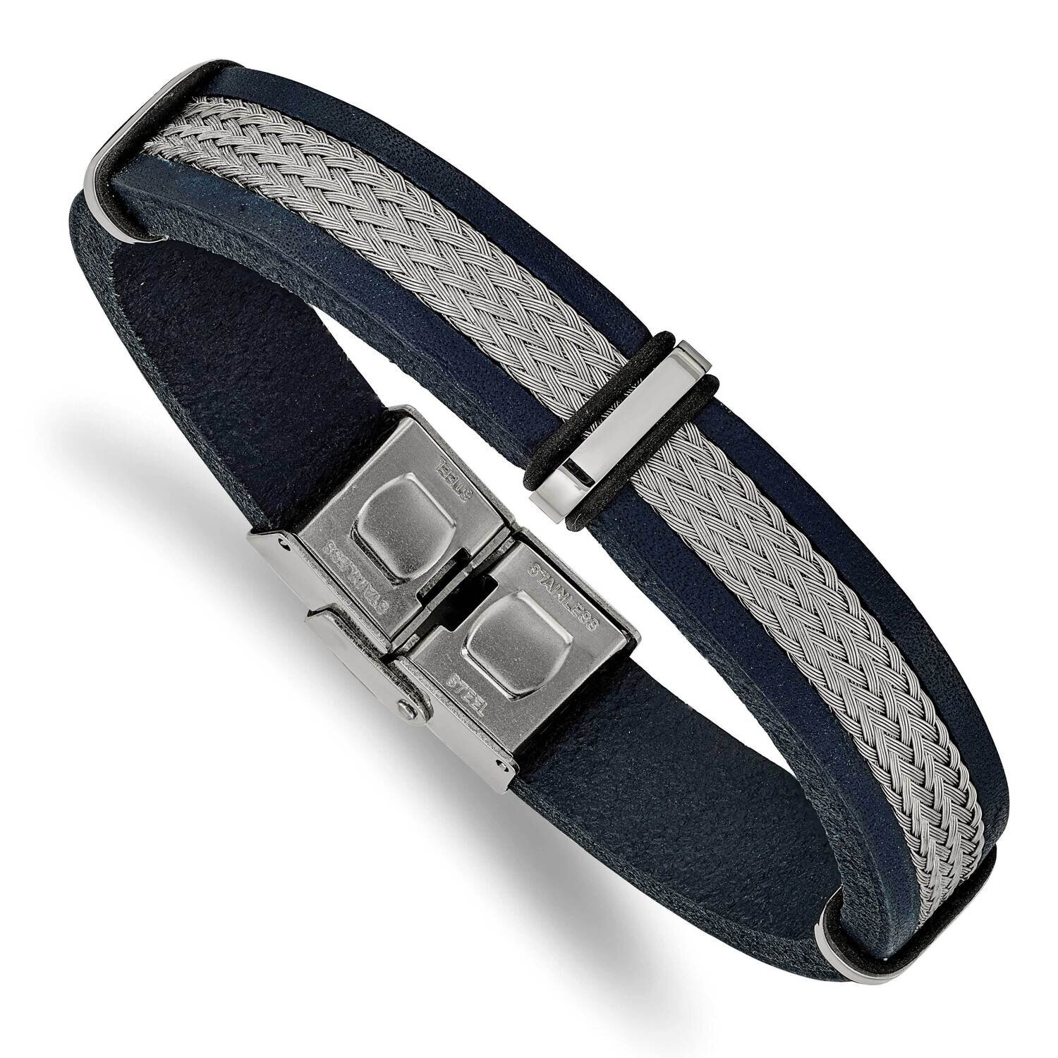 Blue Leather and Wire 8.5 Inch Bracelet Stainless Steel Polished SRB2408-8.5, MPN: SRB2408-8.5, 191…