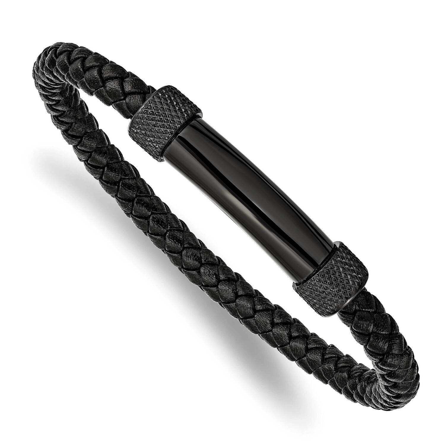 Black Ip-Plated Black Leather 8.25 Inch Bracelet Stainless Steel Polished SRB2409-8.25
