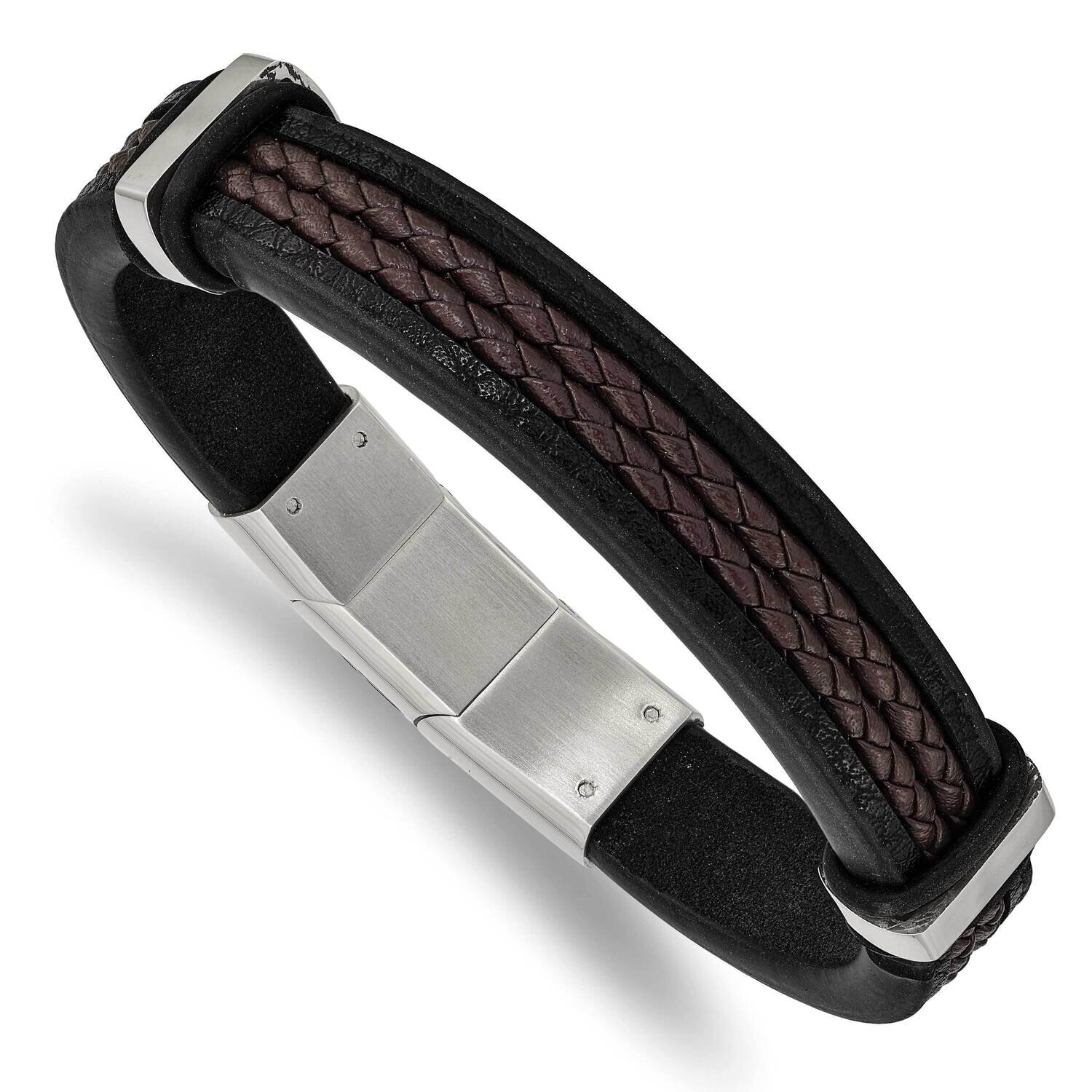 Black Brown Braided Leather with .5 Inch Extender Bracelet Stainless Steel Polished SRB2411-8, MPN:…