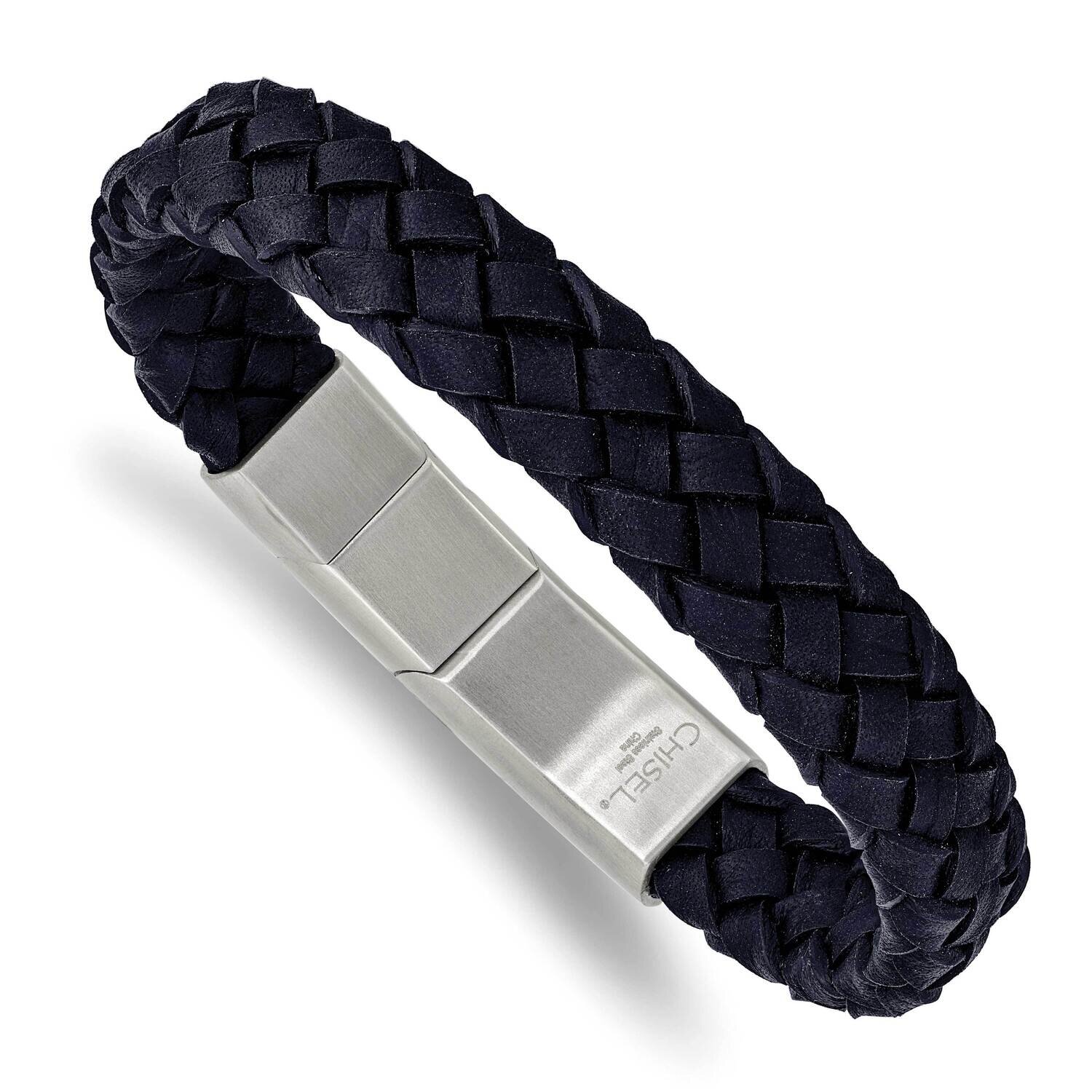 Navy Braided Leather 8.25 Inch with .5 Inch Extender Bracelet Stainless Steel Brushed SRB2412-8.25,…