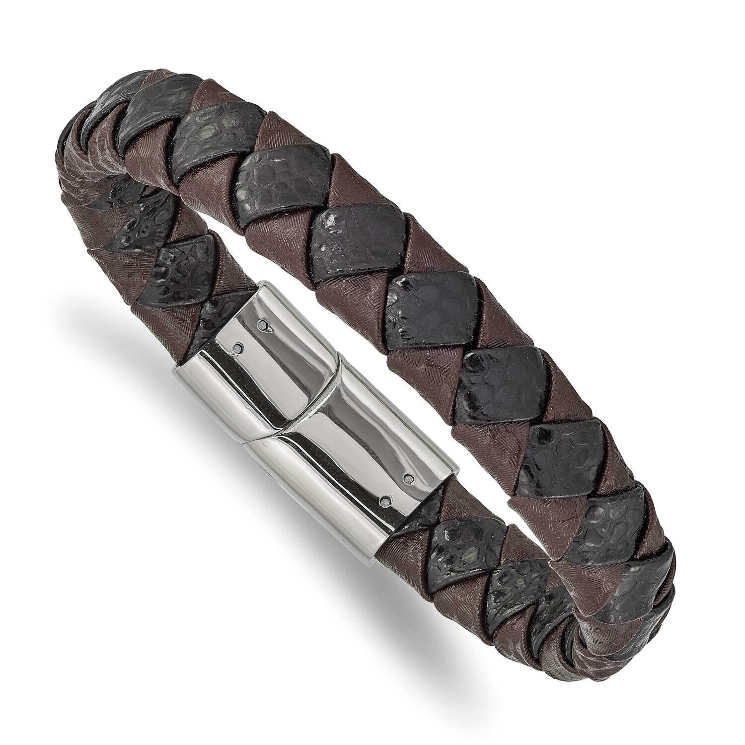 Black and Brown Textured Leather 8 Inch Bracelet Stainless Steel Polished SRB2414-8, MPN: SRB2414-8…