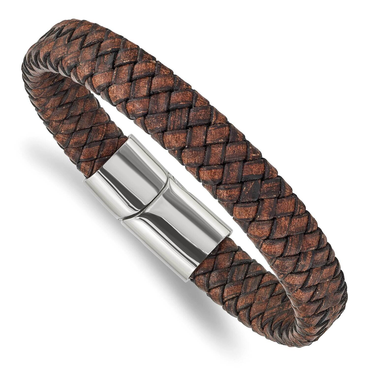 Brown Leather 11.50mm 8.5 Inch Bracelet Stainless Steel Polished SRB2415-8.5