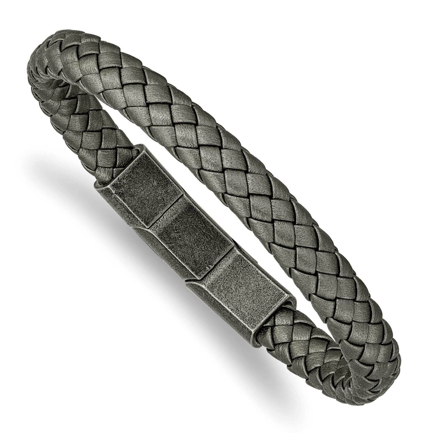 White Bronze Plated Grey Leather with .5 Inch Extender Bracelet Stainless Steel Antiqued SRB2416-8,…