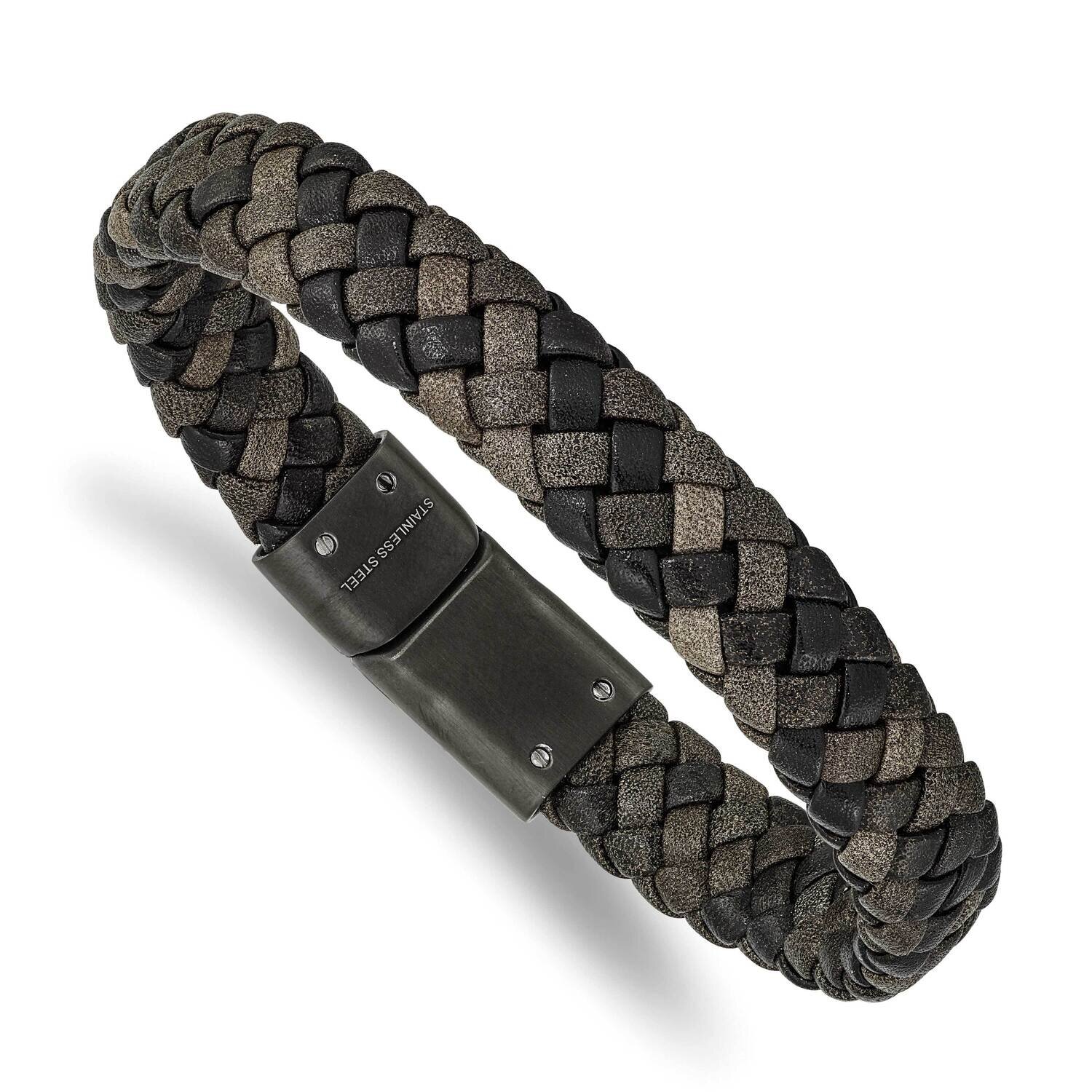 Gun Metal Ip-Plated Brown Leather 8.25 Inch Bracelet Stainless Steel Brushed SRB2417-8.25