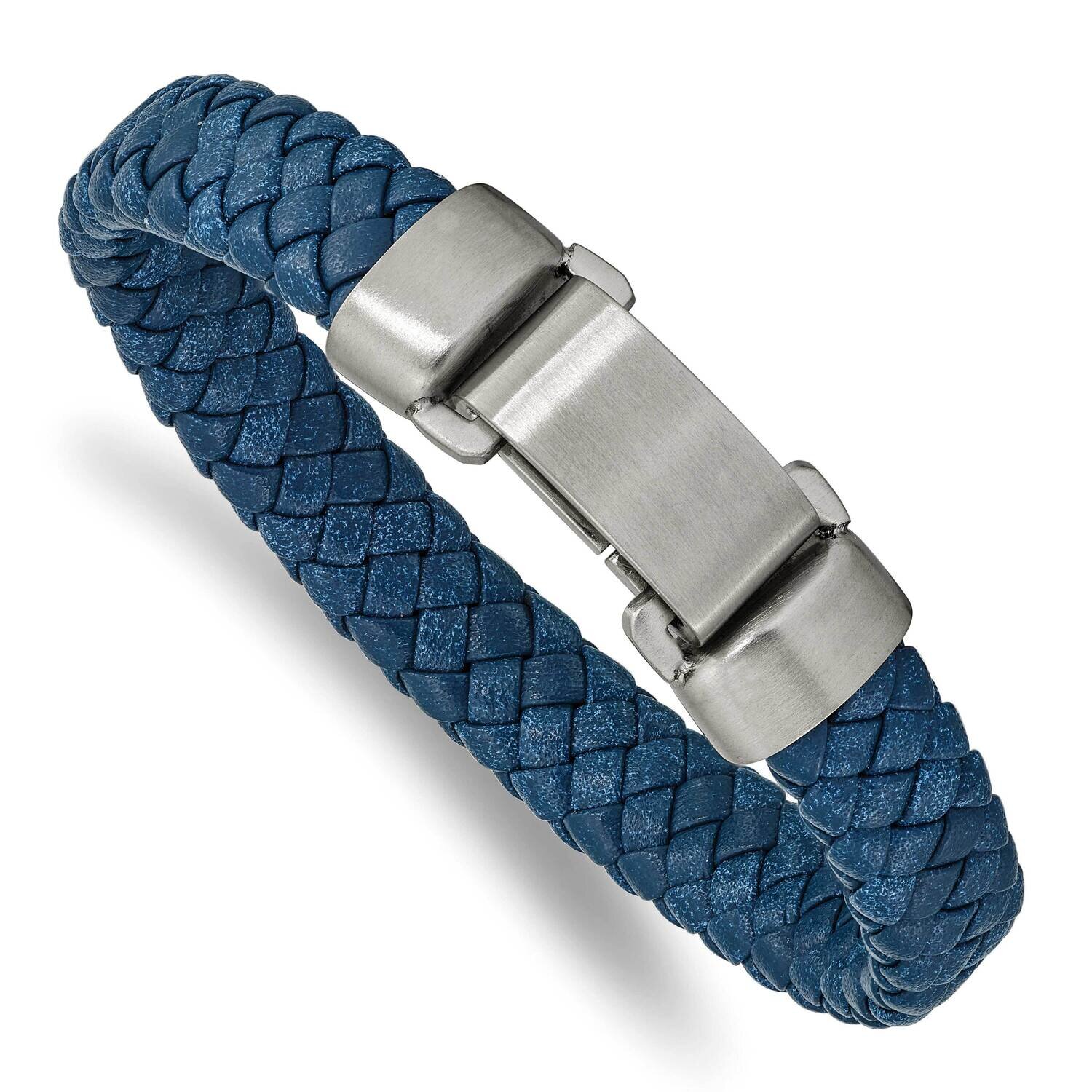 Blue Leather 8.25 Inch Bracelet Stainless Steel Brushed SRB2418-8.25