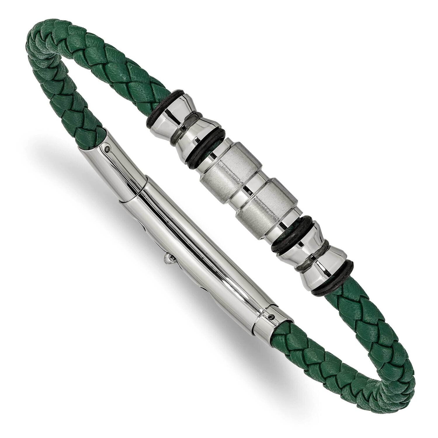 Polished Black Ip Rubber Green Leather Adjustable Bracelets Stainless Steel Brushed SRB2419, MPN: S…