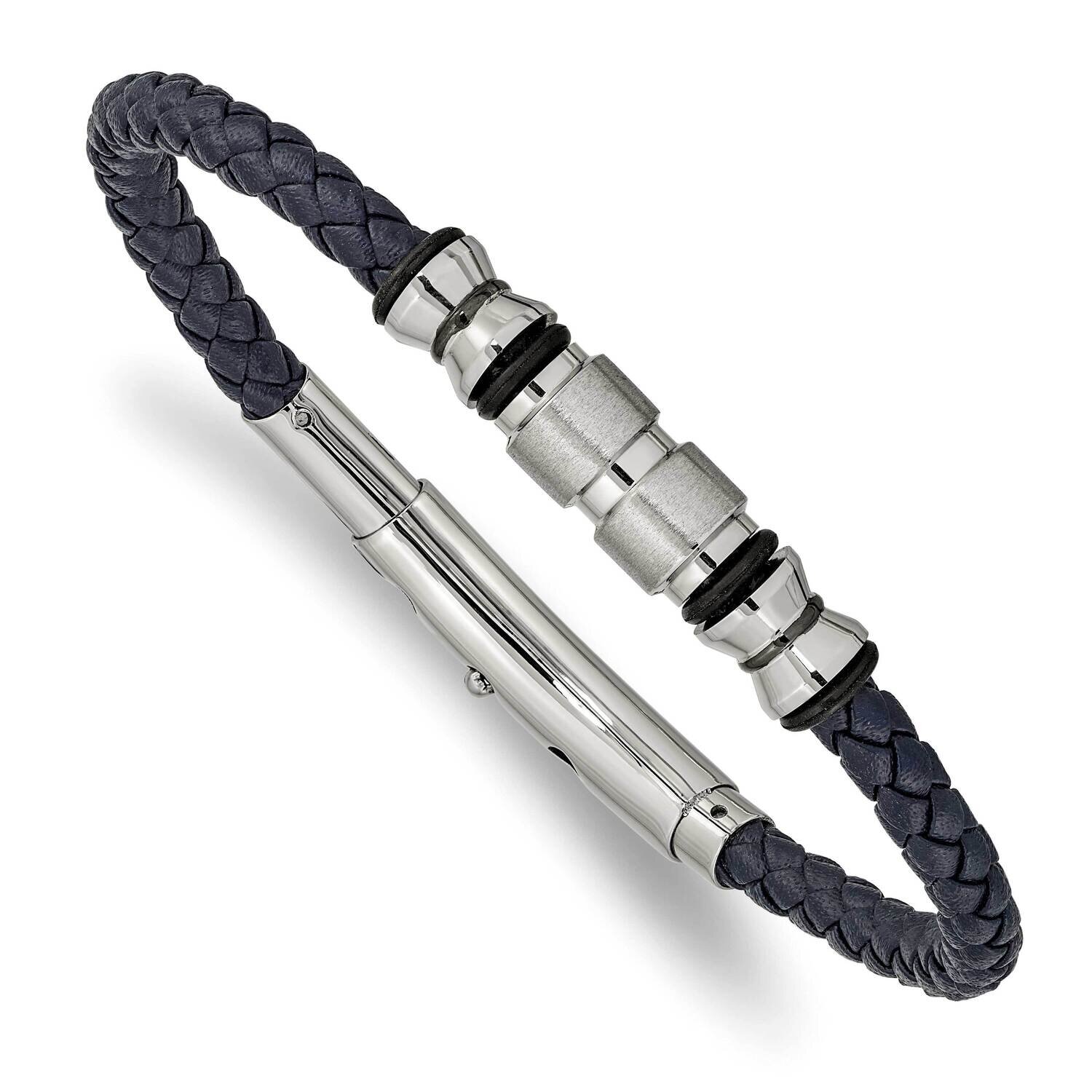 Polished Black Ip Rubber Blue Leather Adjustable Bracelet Stainless Steel Brushed SRB2420