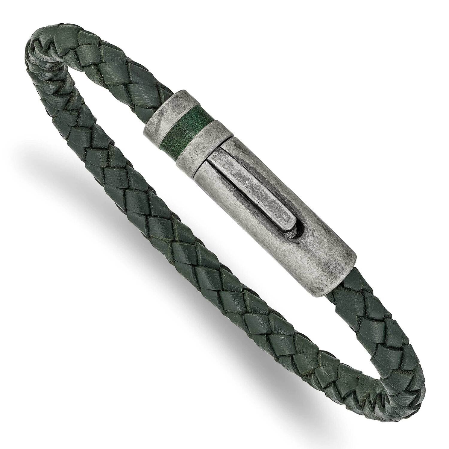 Green Leather 8.25 Inch Bracelet Stainless Steel Antiqued SRB2421-8.25